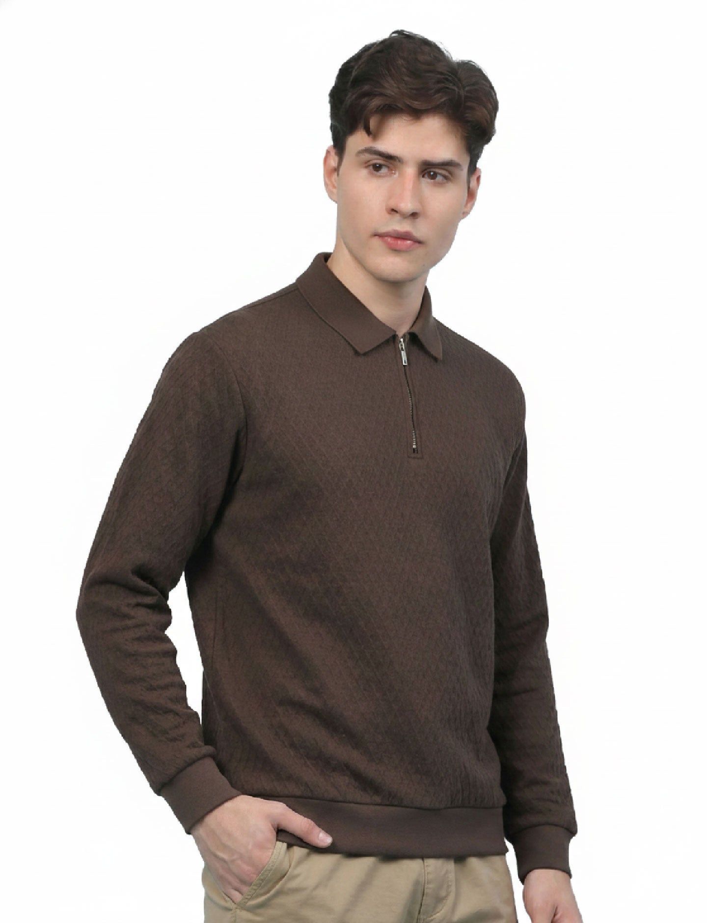 Texture Quater Zip Polo: Mocha Brown