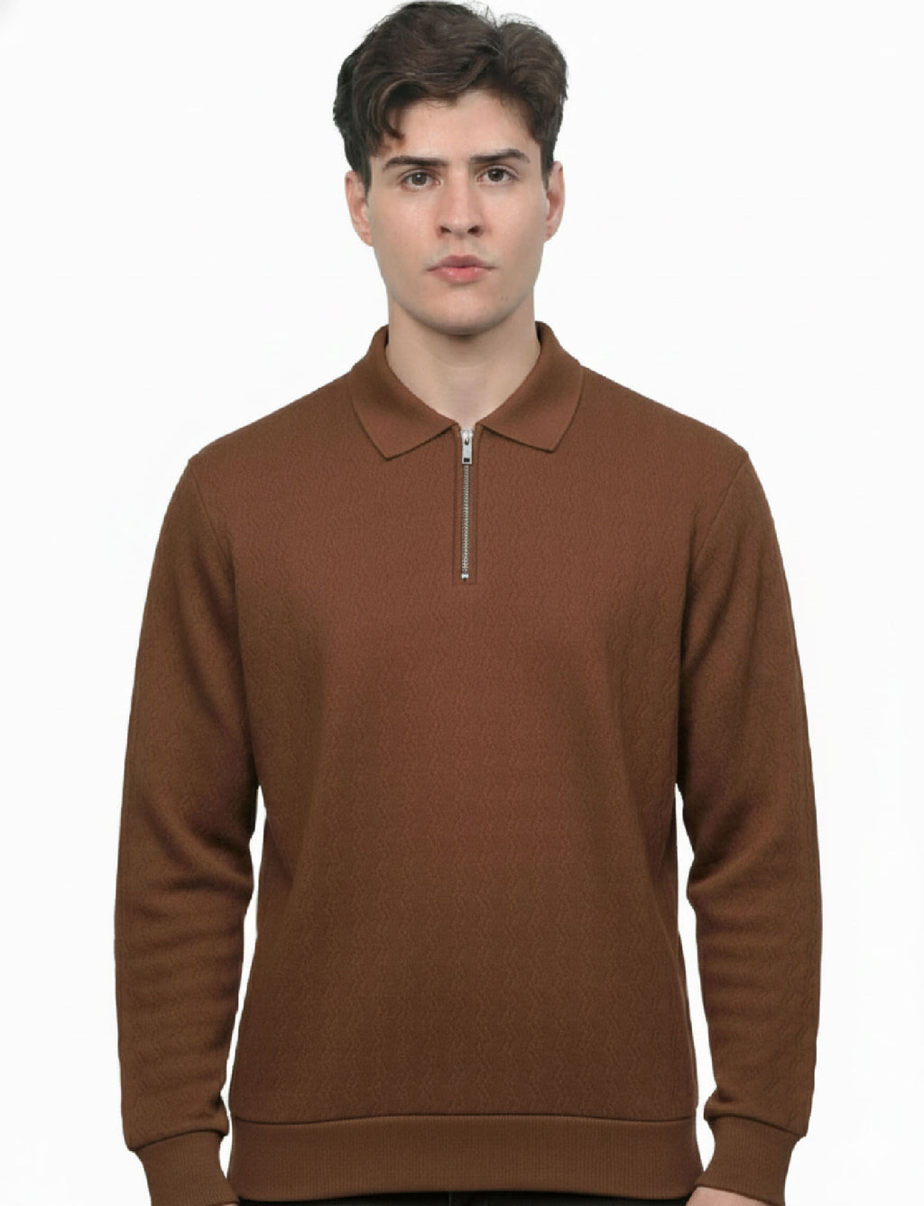 Textured Quater Zip Polo: Brown