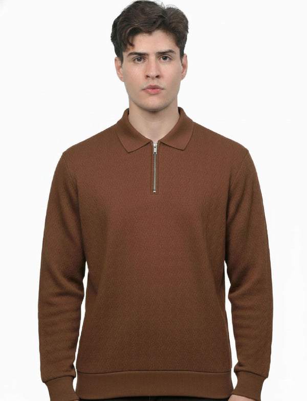 Textured Quater Zip Polo: Brown