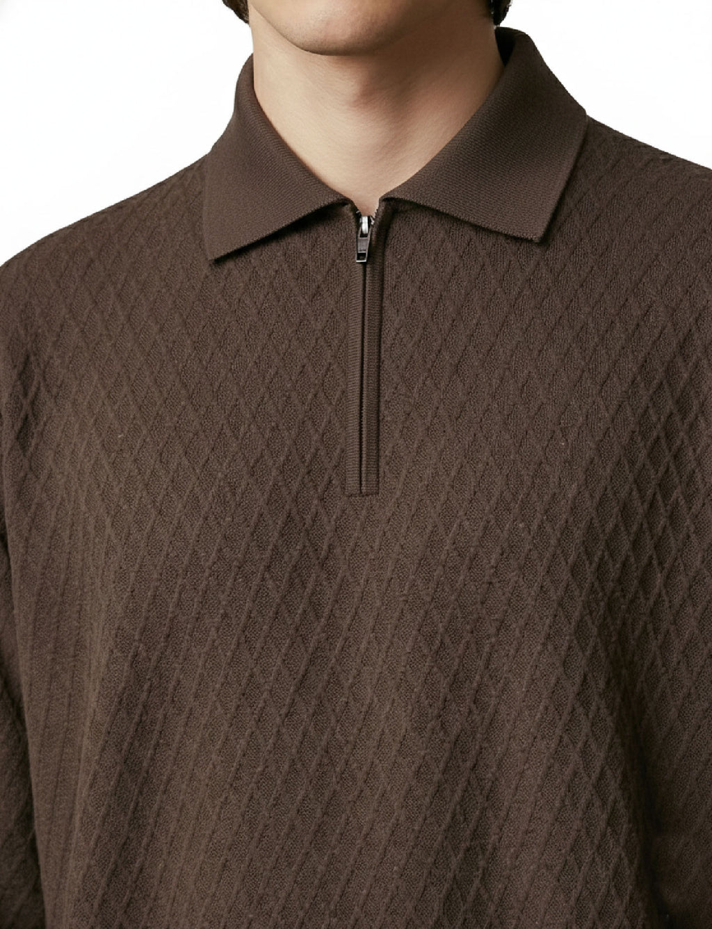 Texture Quater Zip Polo: Mocha Brown