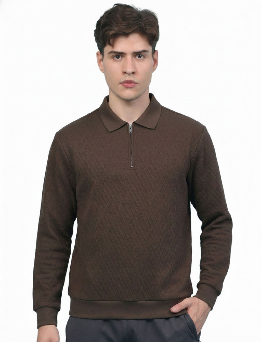 Texture Quater Zip Polo: Mocha Brown