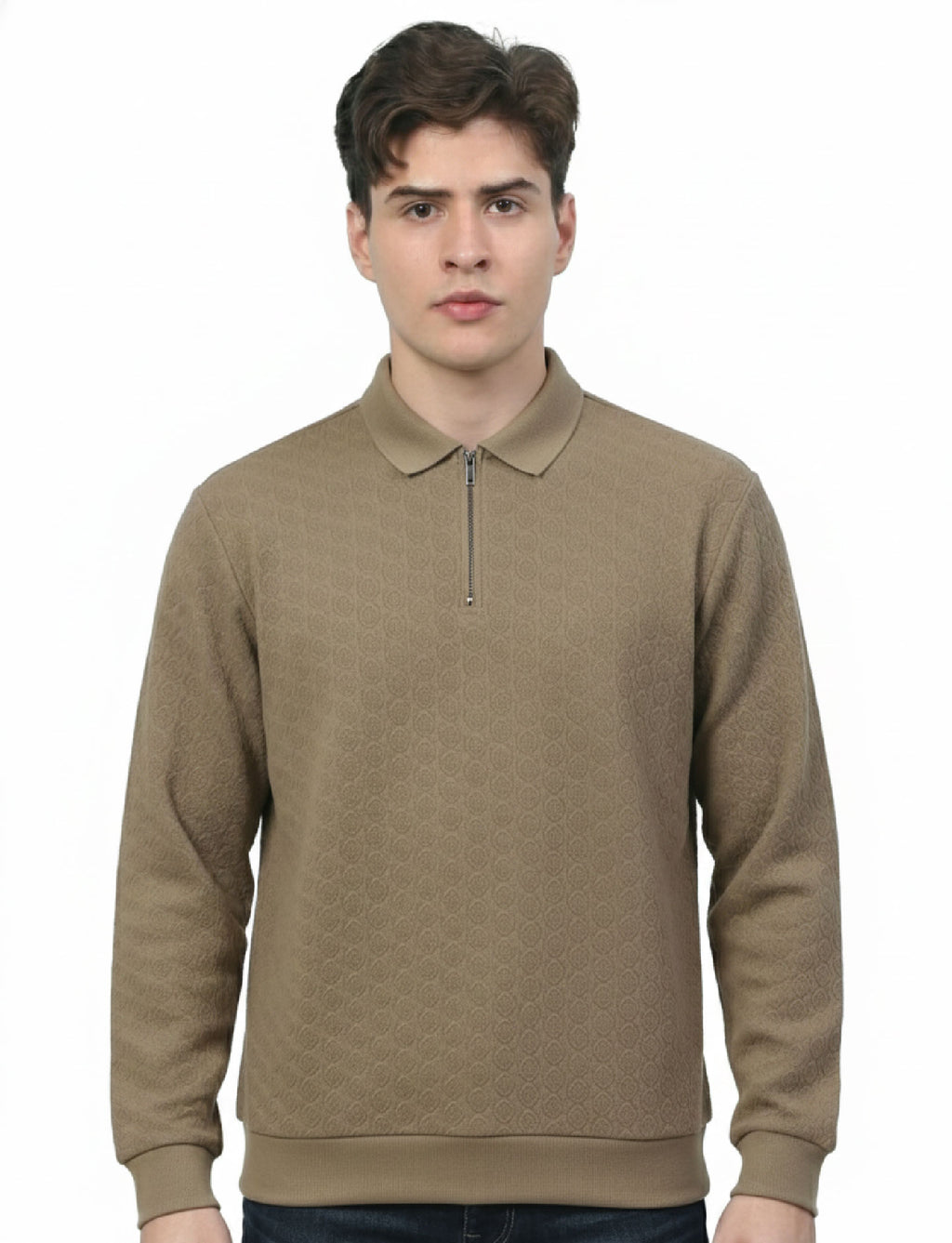 Textured Quater Zip Polo: Beige