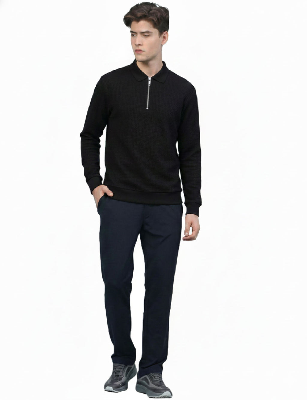 Textured Quater Zip Polo: Black