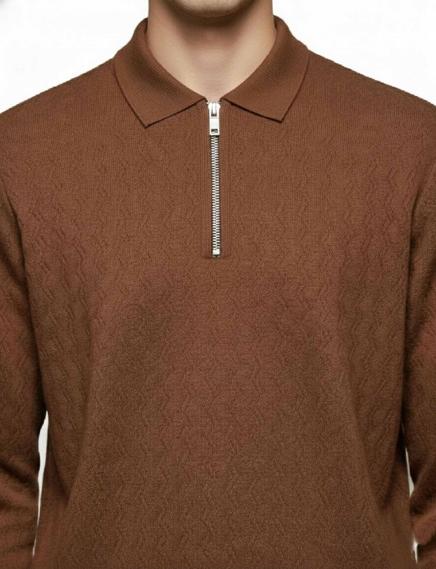 Textured Quater Zip Polo: Brown