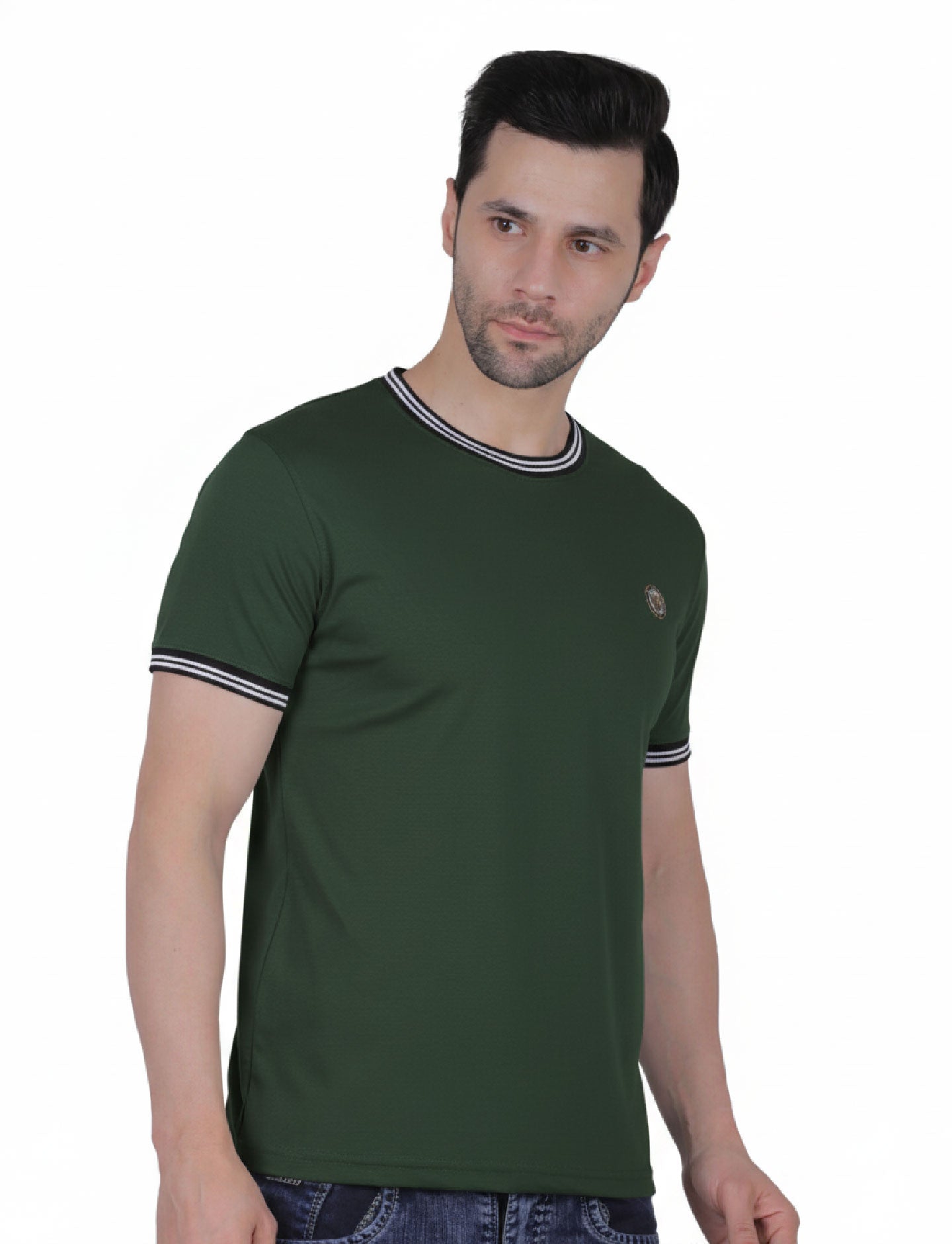 Pretty  Men's Organic Cotton Crew Neck T-Shirt with Striped Trim MESA GREEN