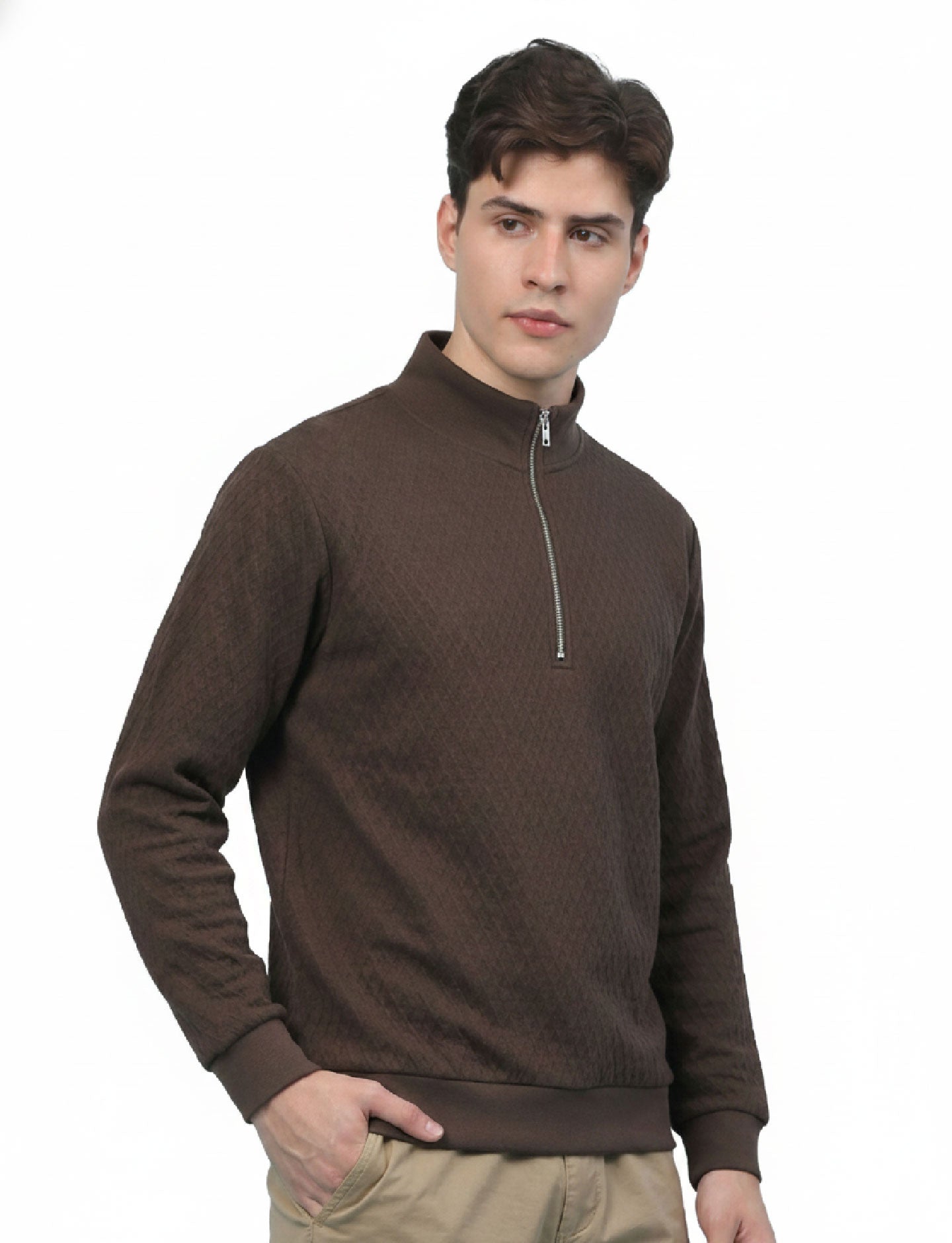 Textured Quater Zip : Mocha Brown