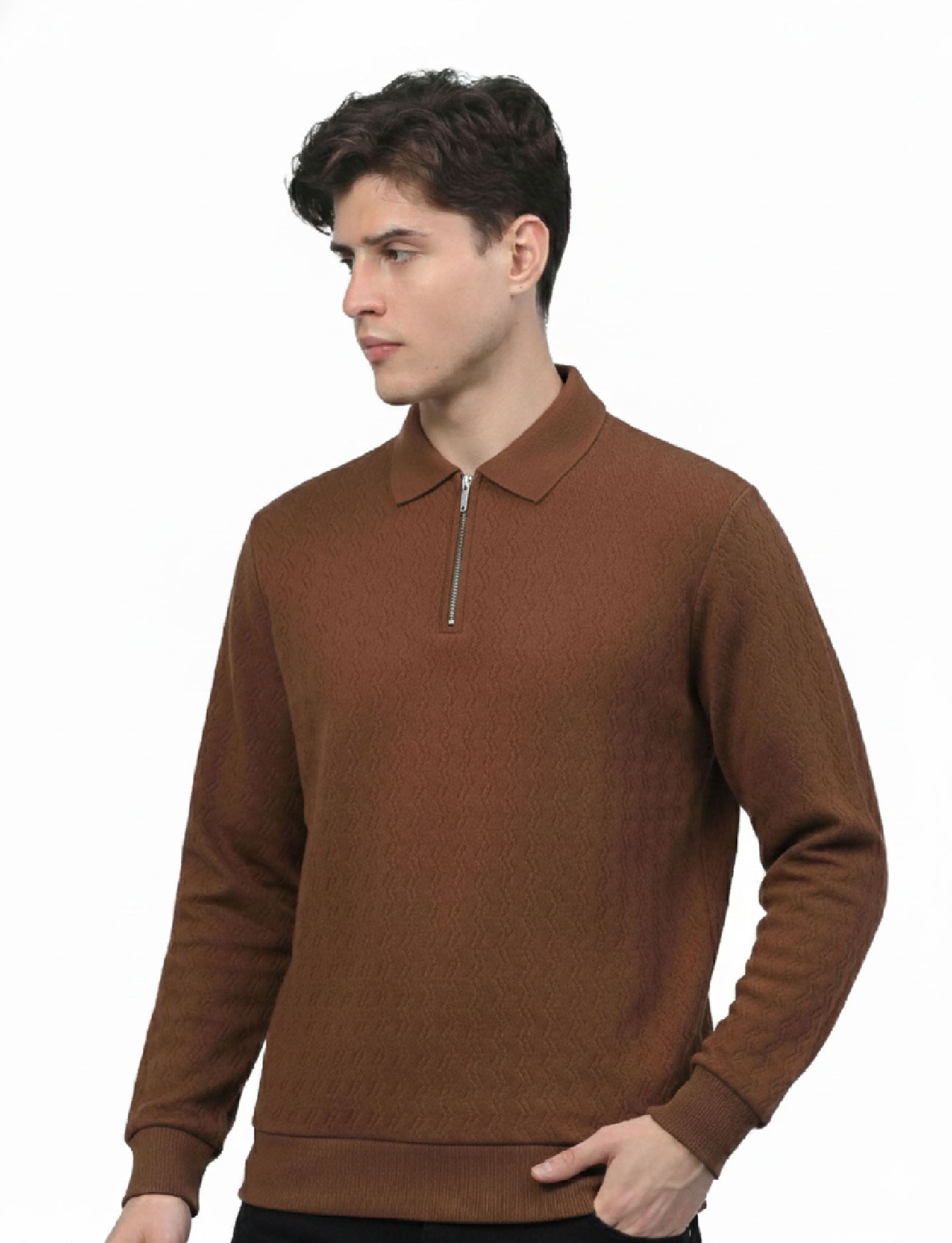Textured Quater Zip Polo: Brown