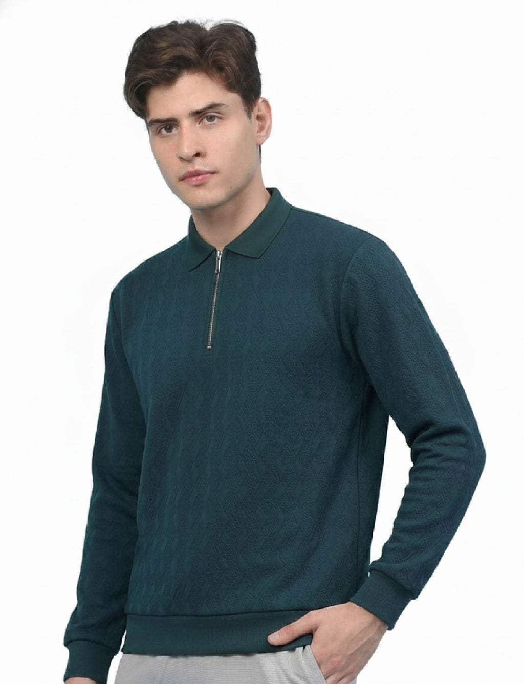 Textured Quater Zip Polo: Turquoise Blue