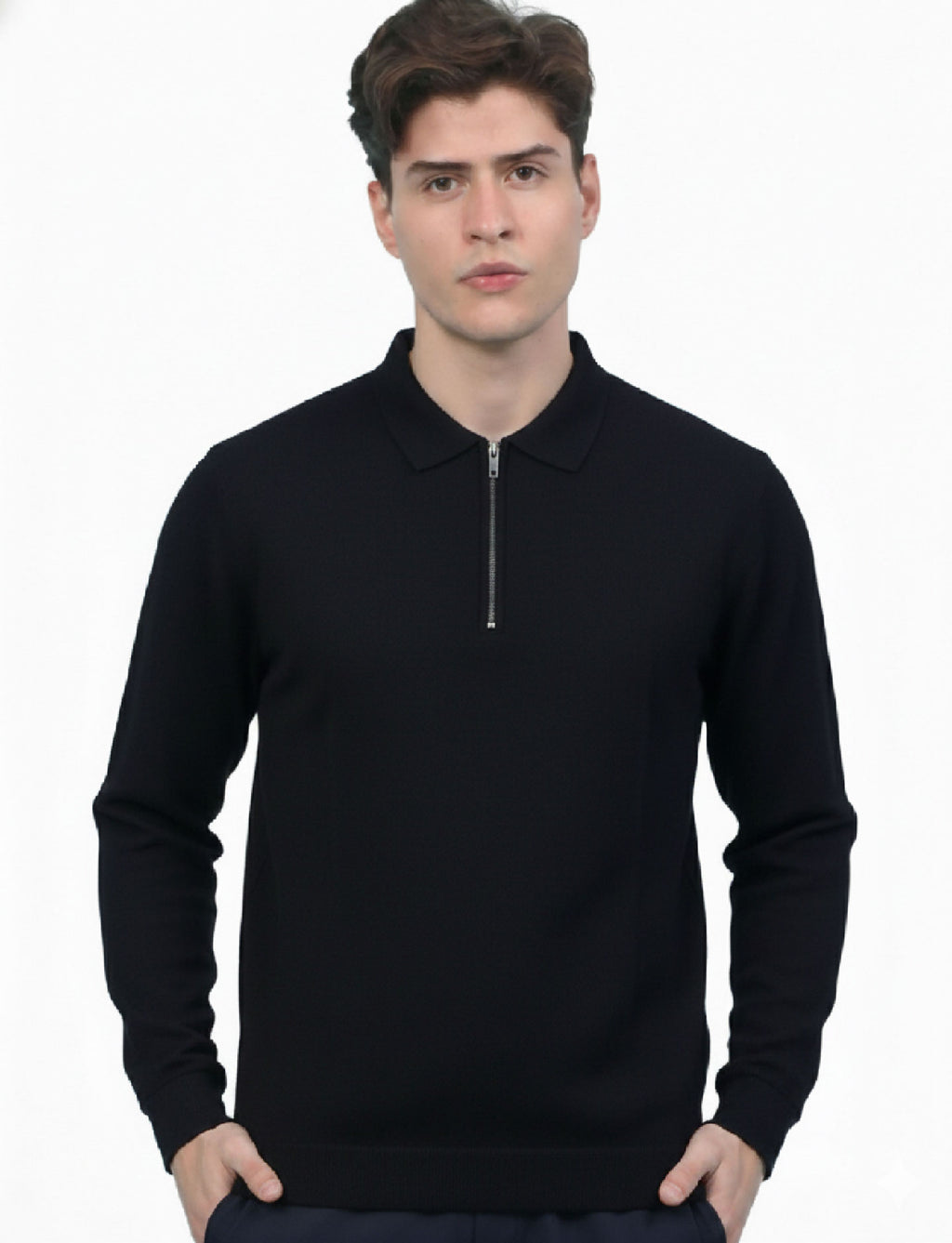 Textured Quater Zip Polo: Black