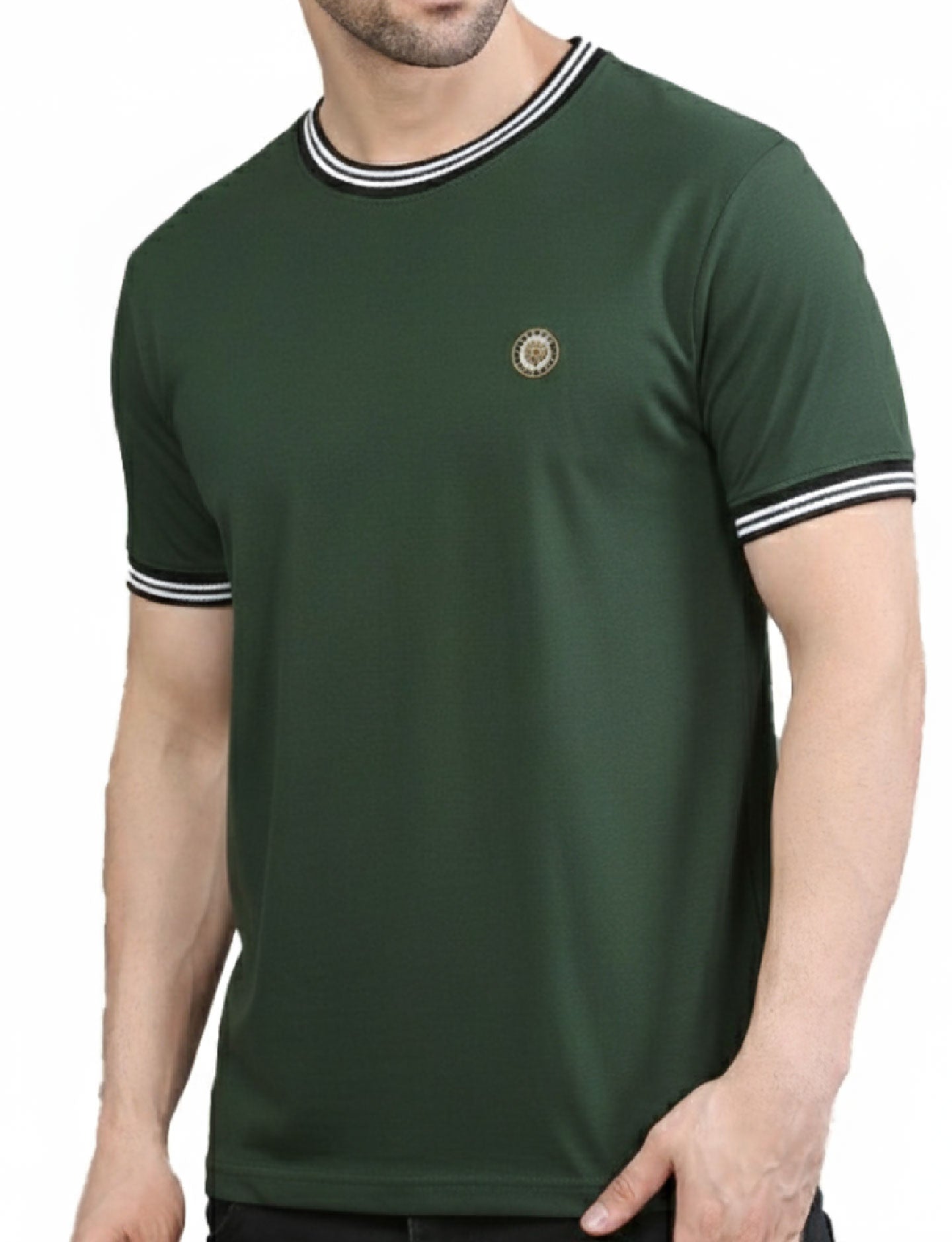 Pretty  Men's Organic Cotton Crew Neck T-Shirt with Striped Trim MESA GREEN