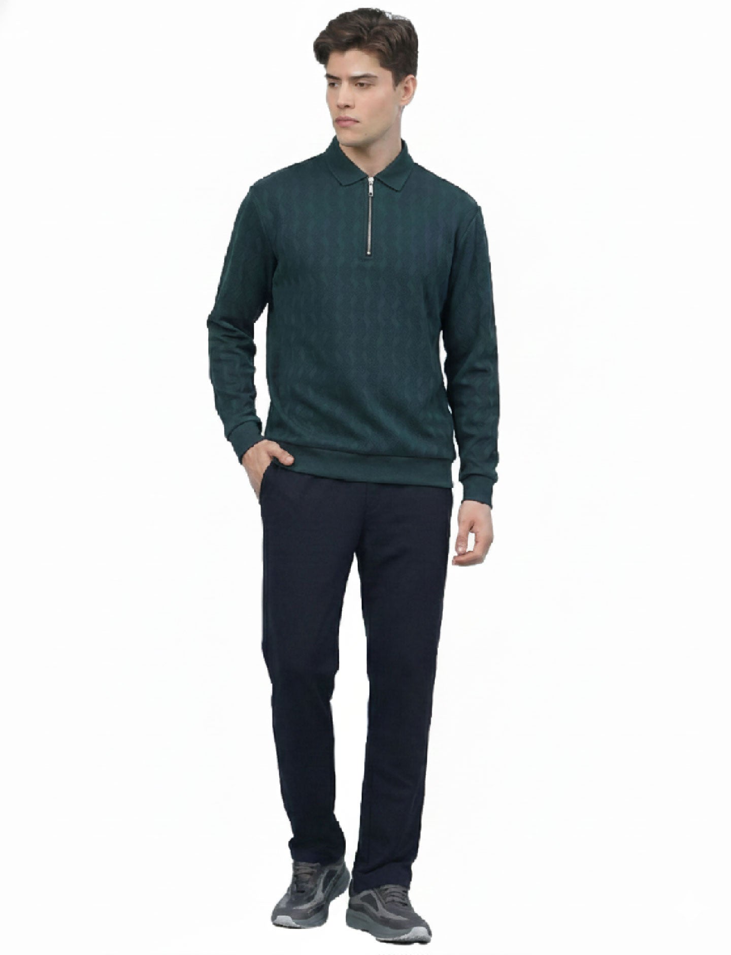 Textured Quater Zip Polo: Turquoise Blue