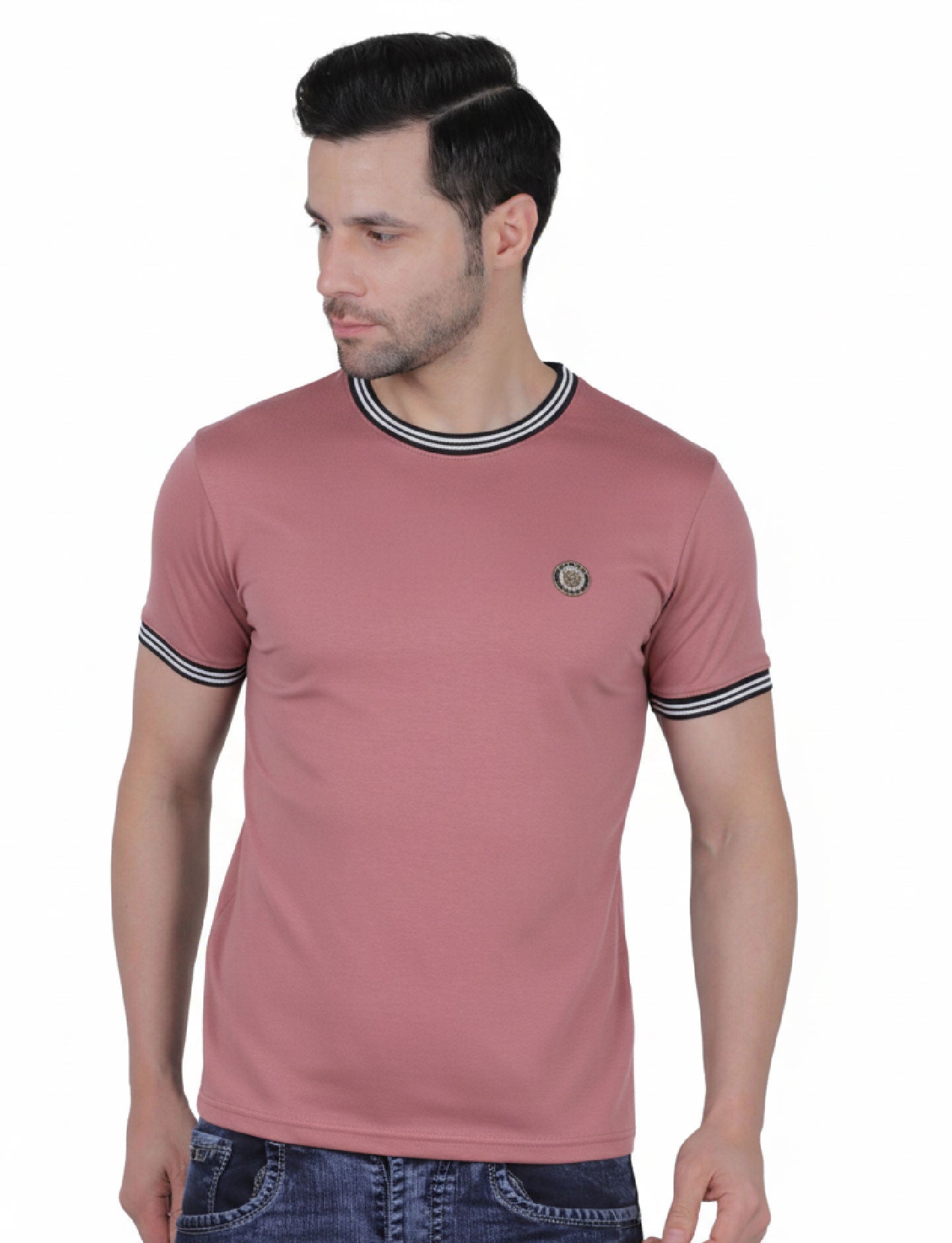 Pretty  Men's Organic Cotton Crew Neck T-Shirt with Striped Trim MOSS ROSE