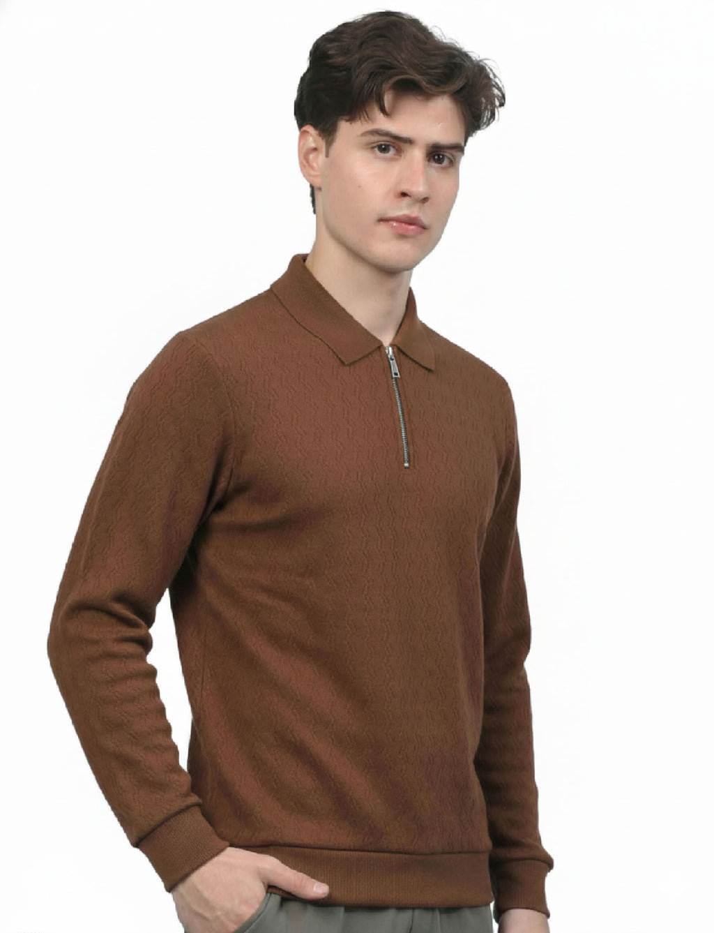 Textured Quater Zip Polo: Brown