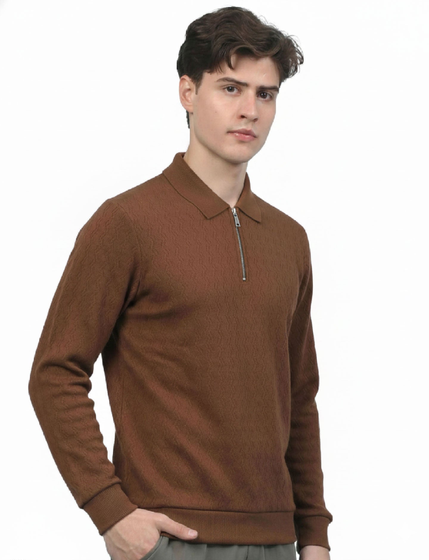 Textured Quater Zip Polo: Brown