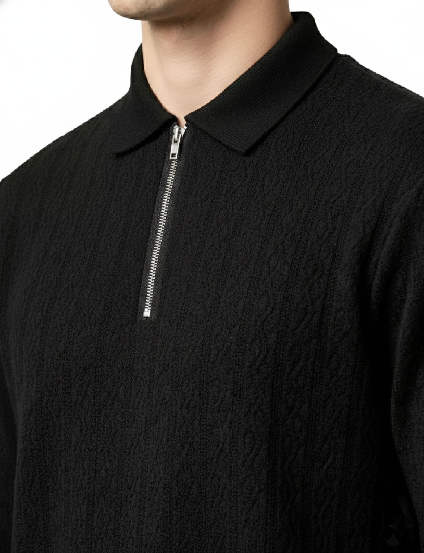 Textured Quater Zip Polo: Black