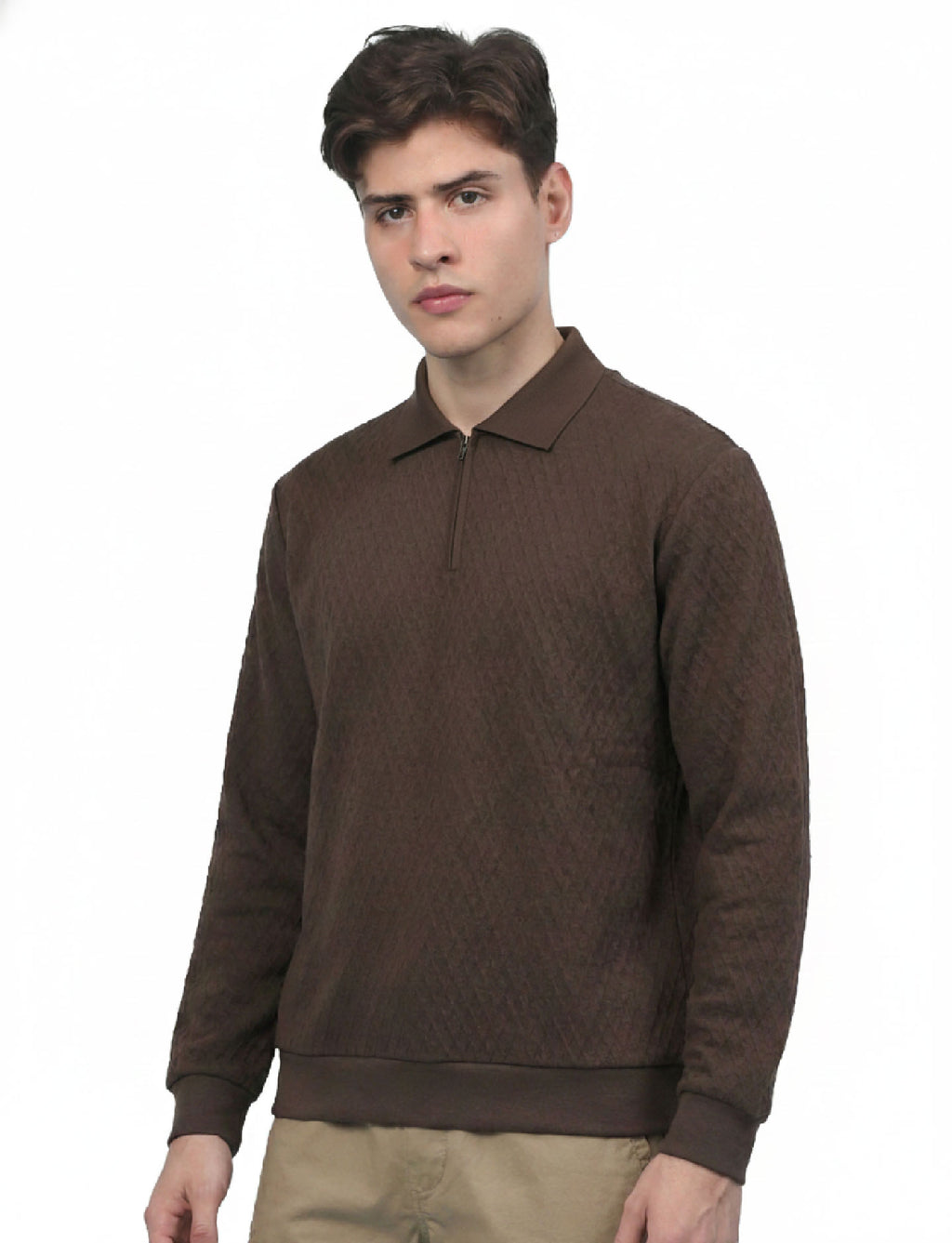 Texture Quater Zip Polo: Mocha Brown