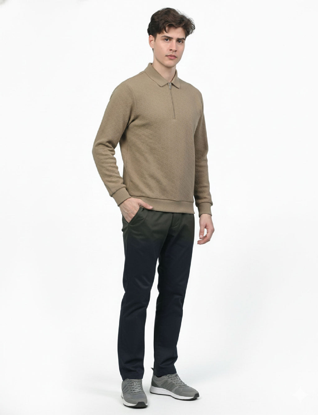 Textured Quater Zip Polo: Beige