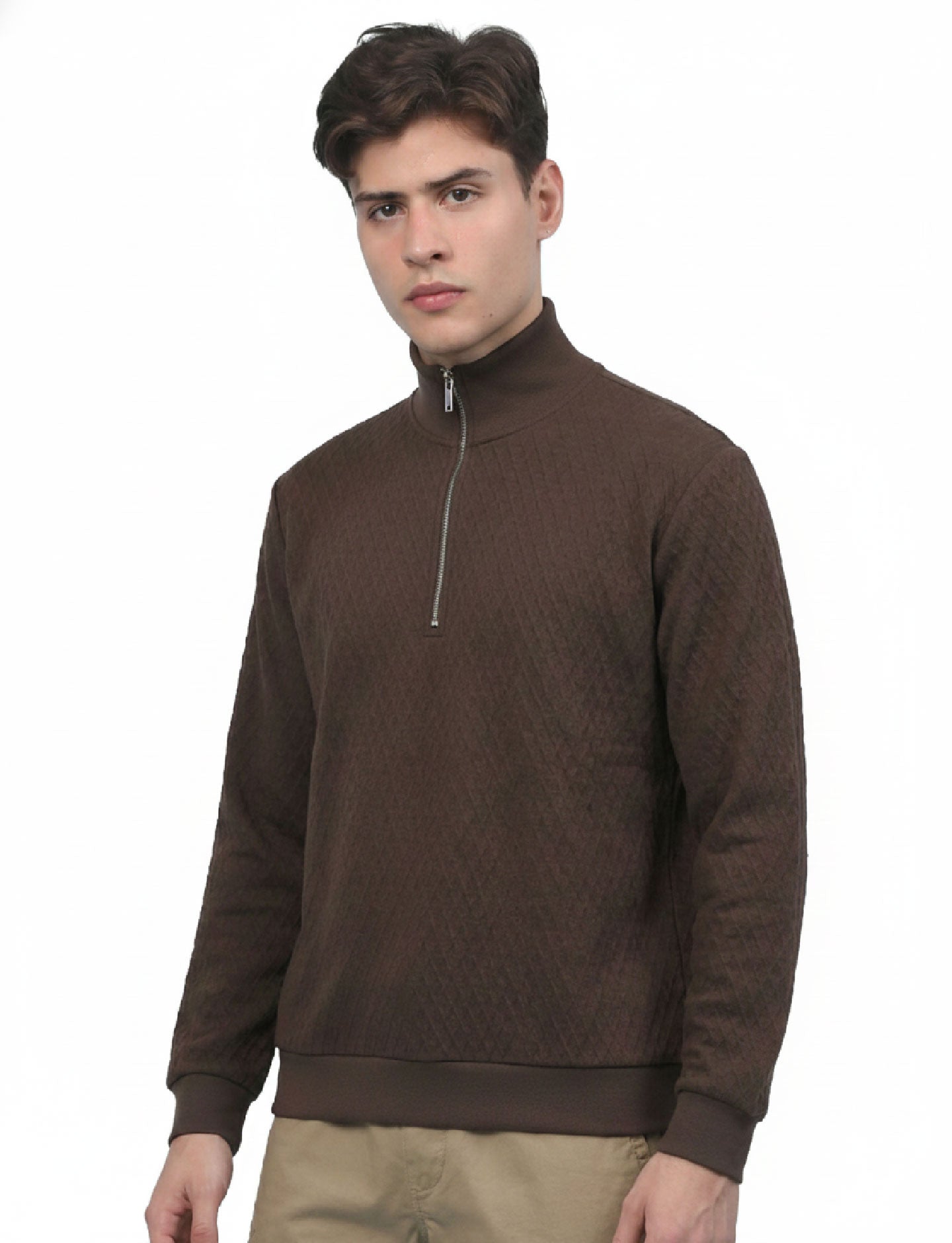 Textured Quater Zip : Mocha Brown