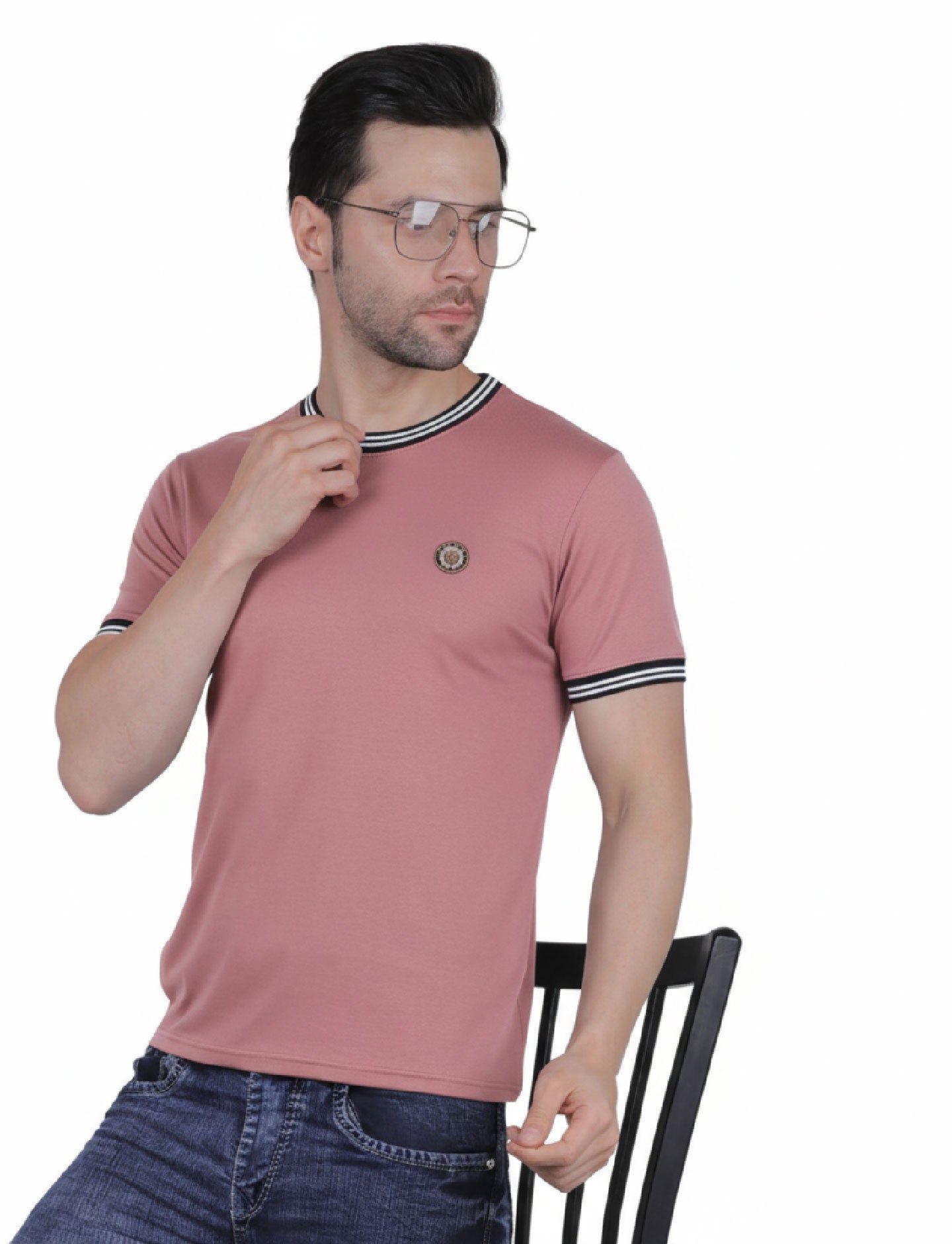 Pretty  Men's Organic Cotton Crew Neck T-Shirt with Striped Trim MOSS ROSE