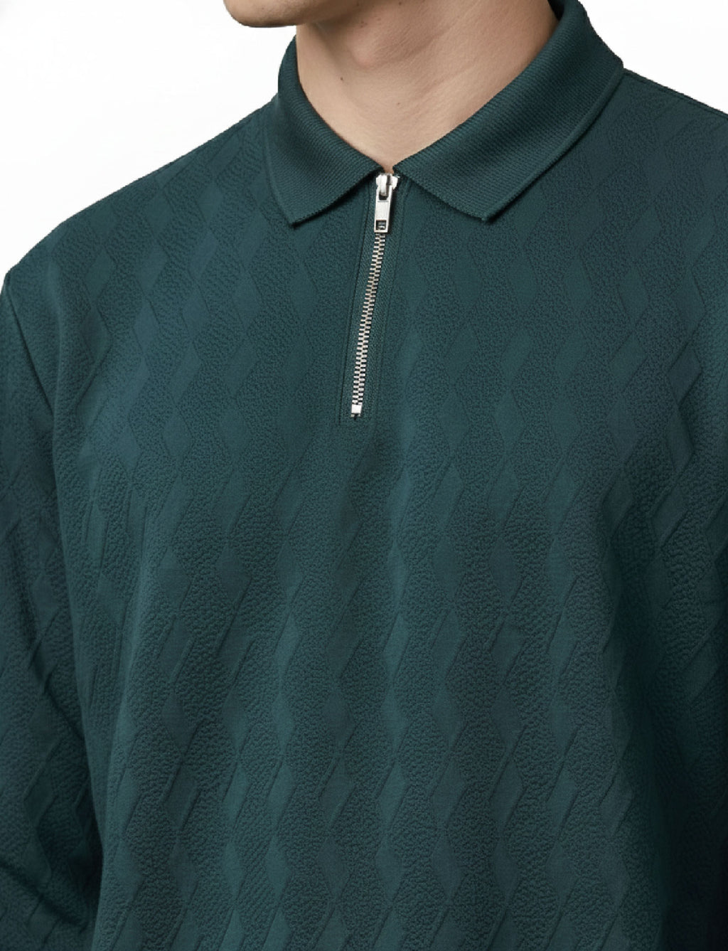 Textured Quater Zip Polo: Turquoise Blue