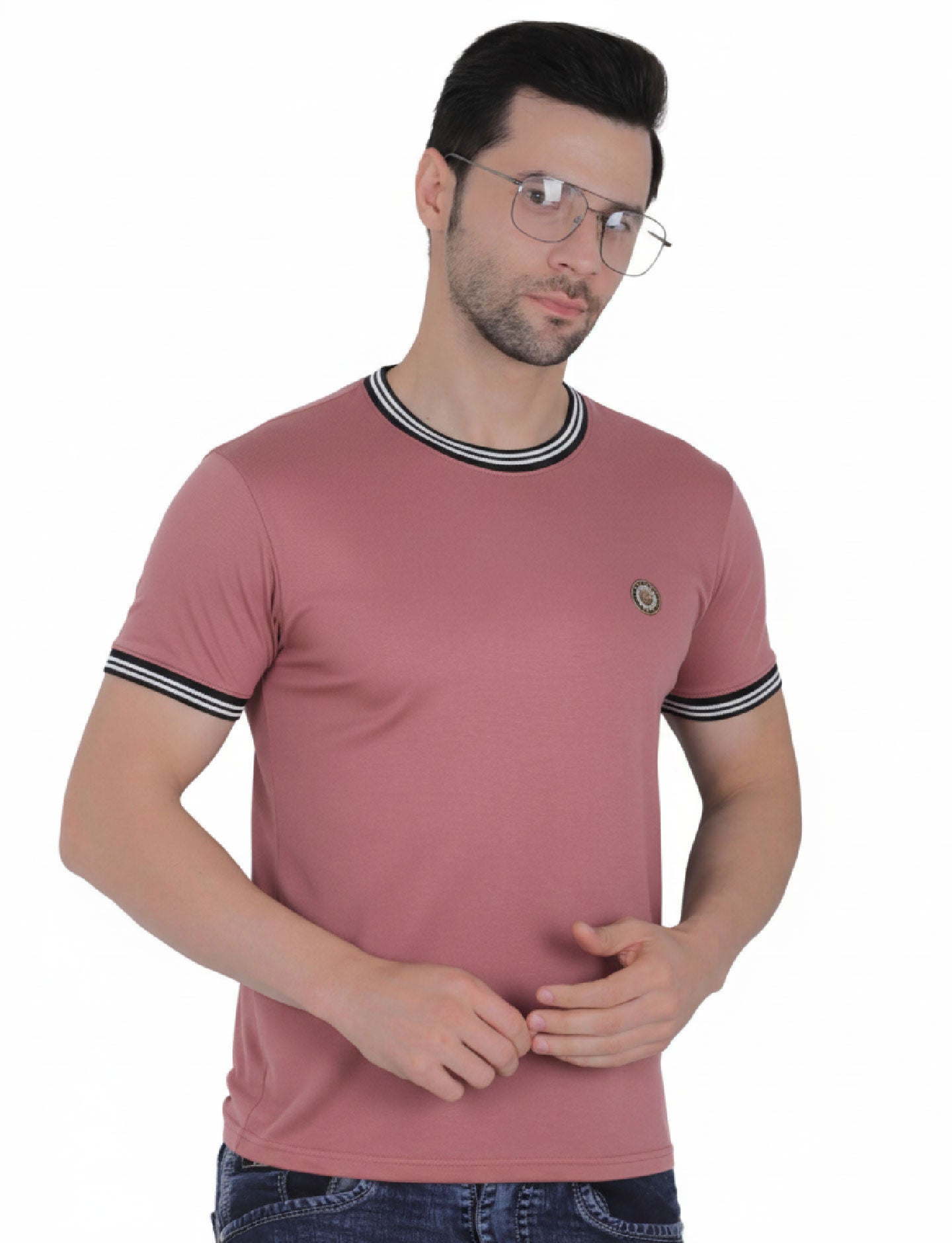 Pretty  Men's Organic Cotton Crew Neck T-Shirt with Striped Trim MOSS ROSE