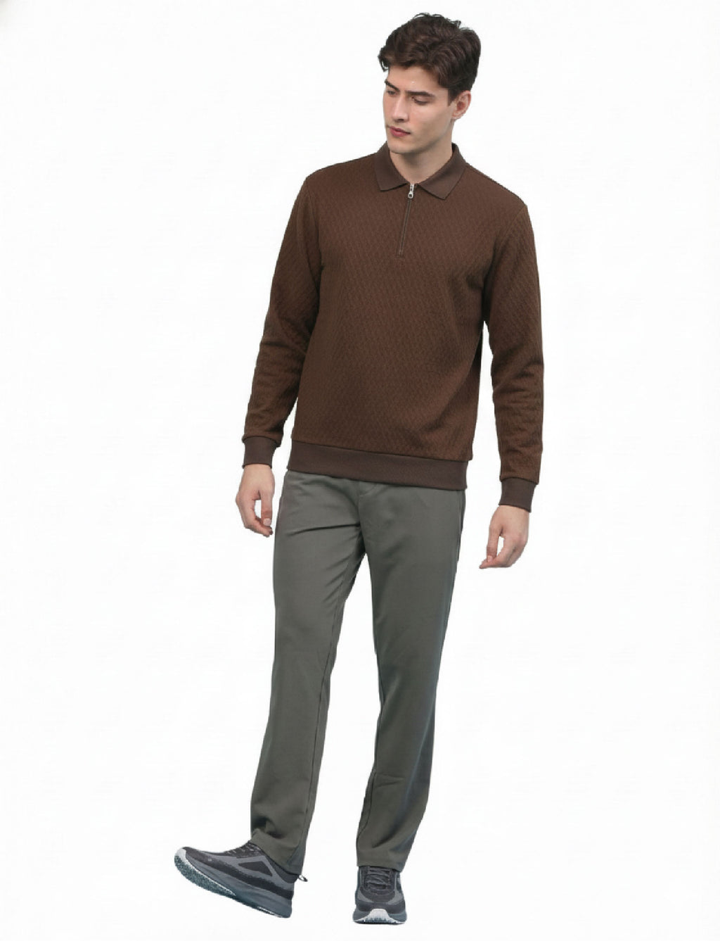 Texture Quater Zip Polo: Mocha Brown