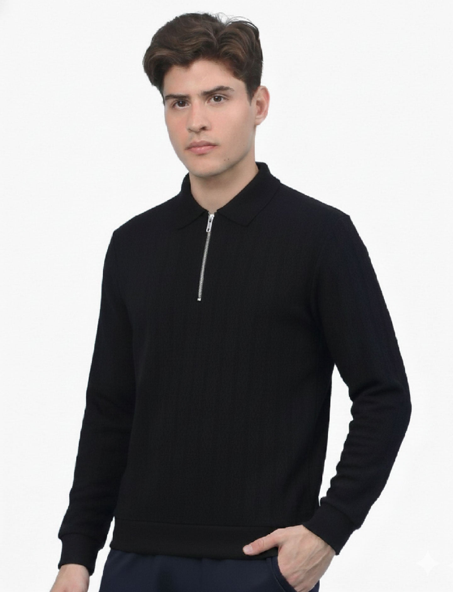 Textured Quater Zip Polo: Black