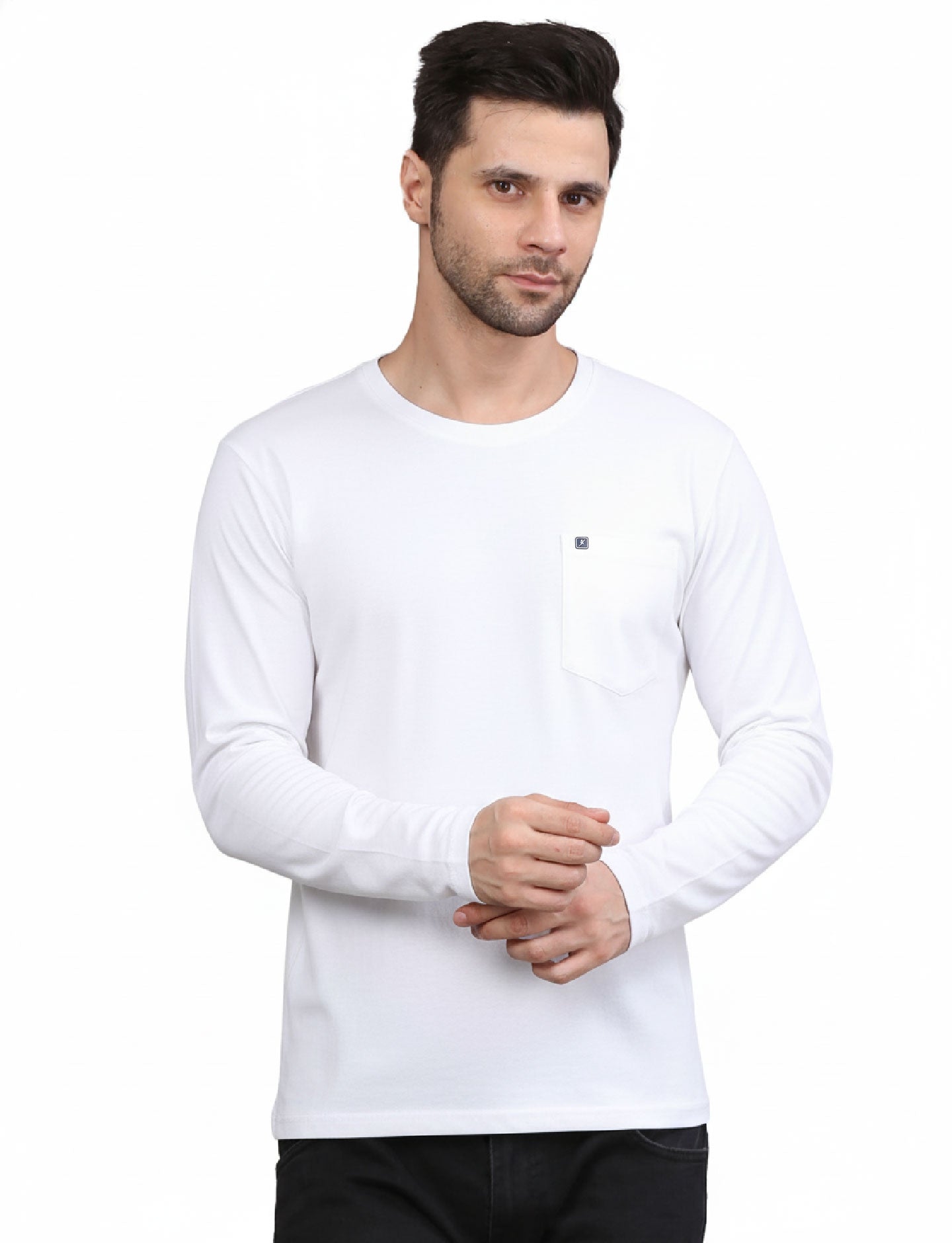 Men's Solid Long Sleeve Cotton T-Shirt with Chest Pocket White