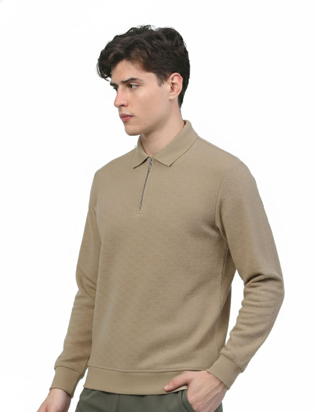 Textured Quater Zip Polo: Beige