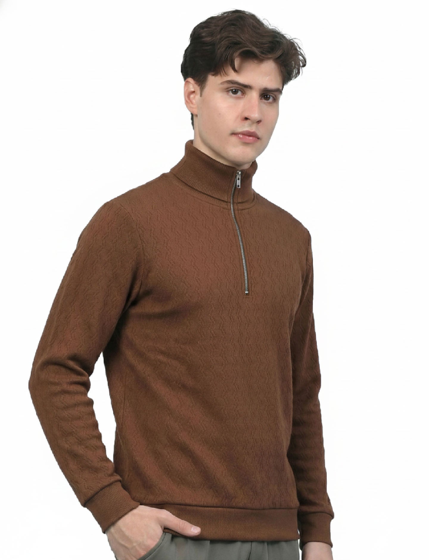 Textured Quater Zip: Brown