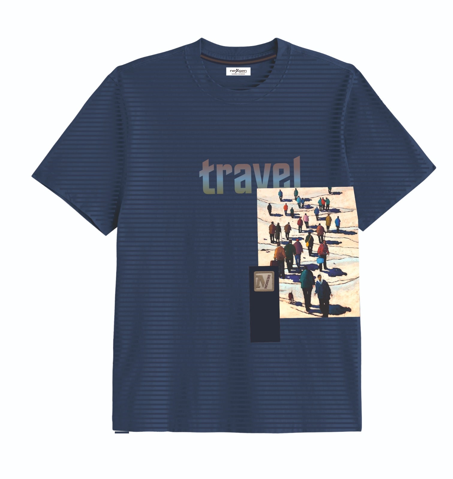 Navy blue t-shirt with 'travel' graphic design on a white background
