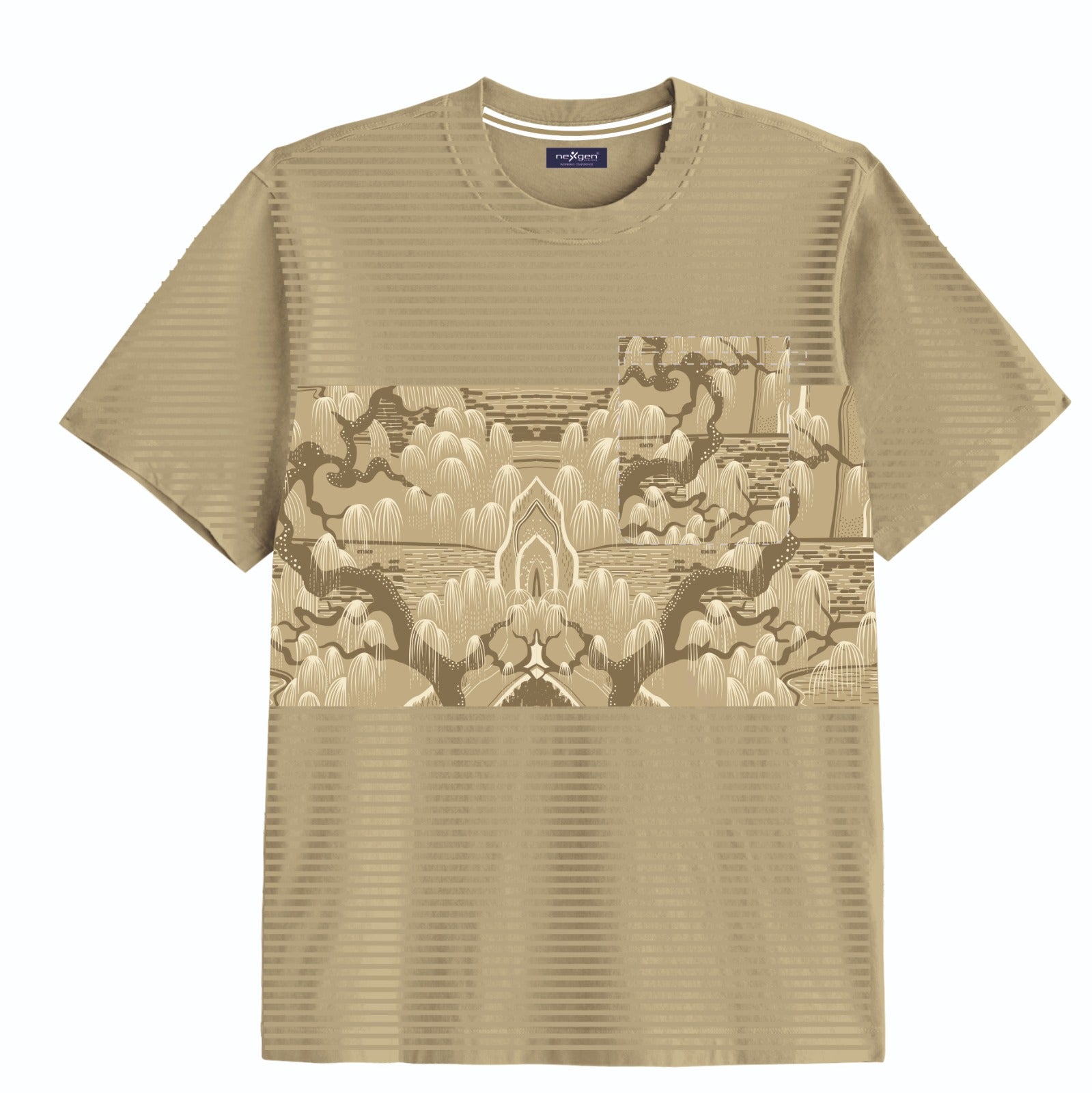 Beige t-shirt with a detailed graphic design on a white background