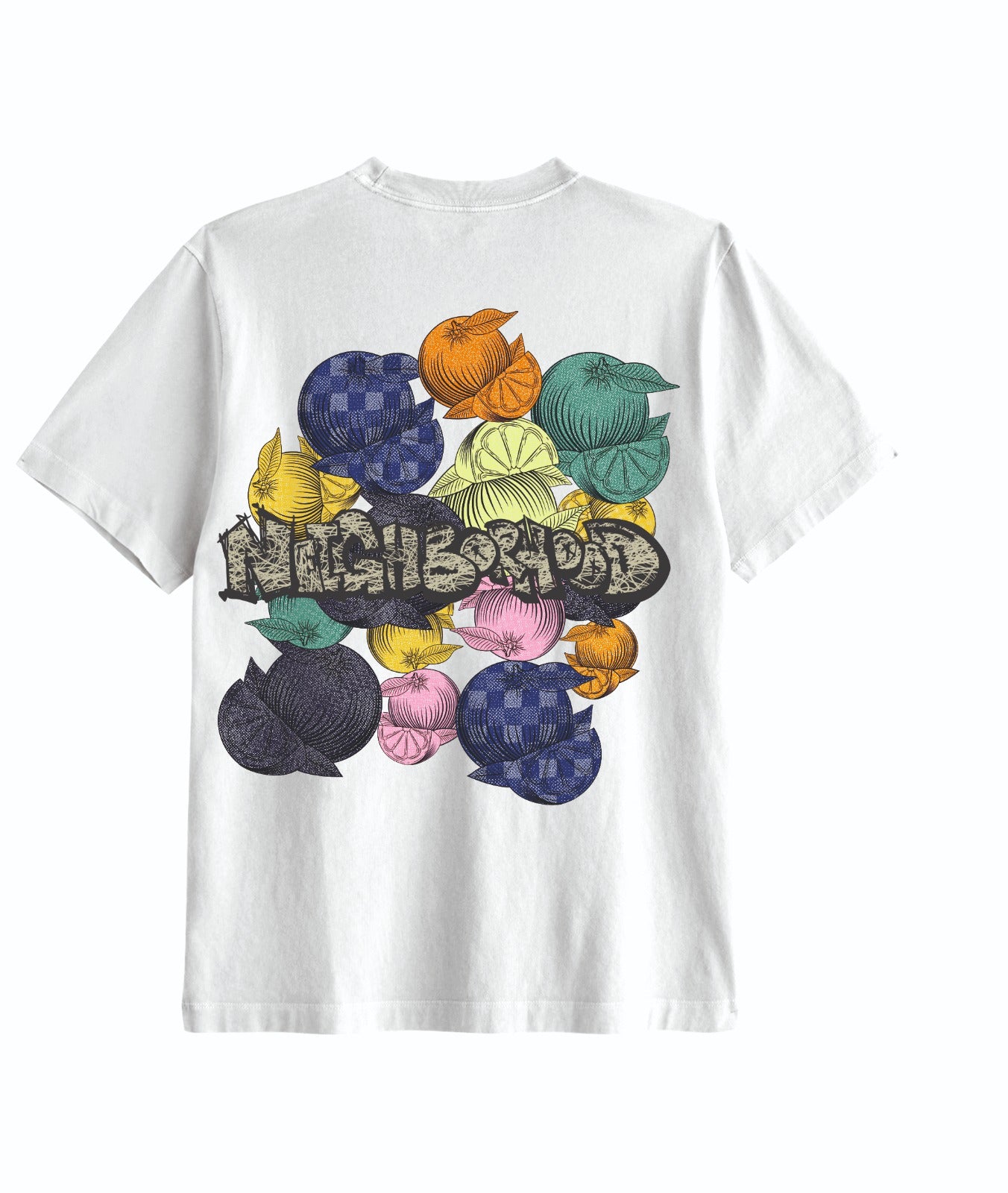 White t-shirt with colorful fruit design and 'Neighborhood' text on a white background