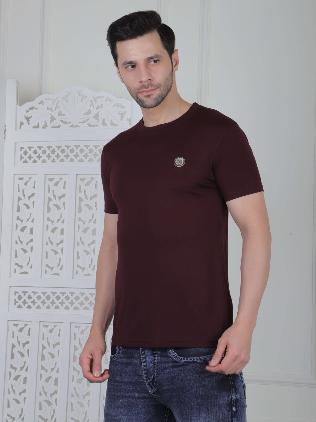 Men's casual logo T-shirt in maroon, perfect for daily wear and stylish comfort with a clean design.