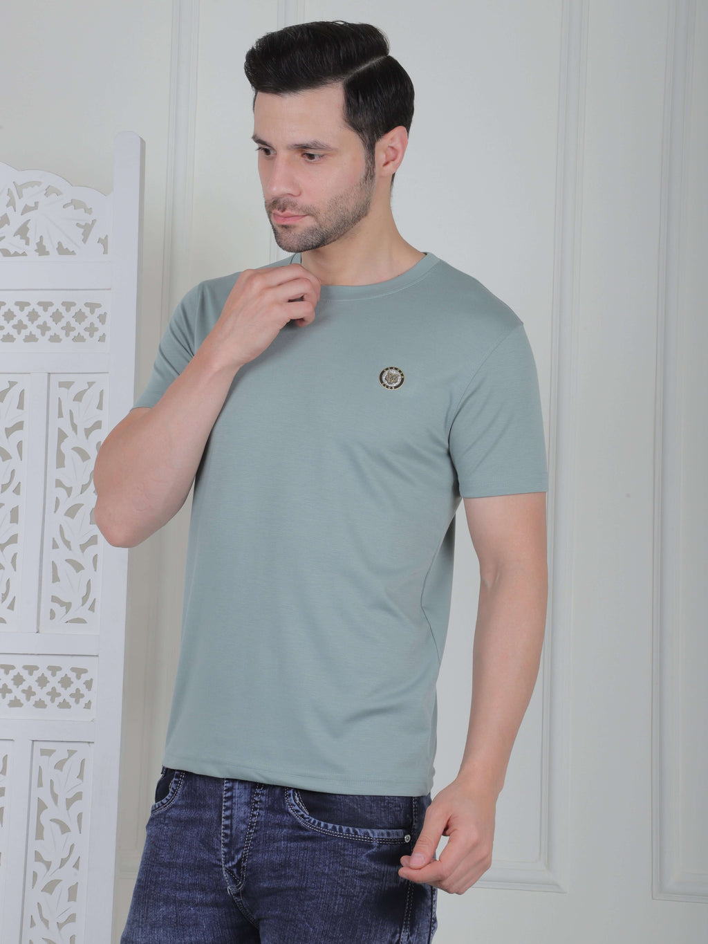 Men's casual logo T-shirt in light blue, perfect for daily wear and stylish comfort with a clean design.