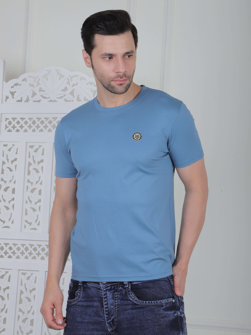 Men's casual logo T-shirt in blue, perfect for daily wear and stylish comfort with a clean design.
