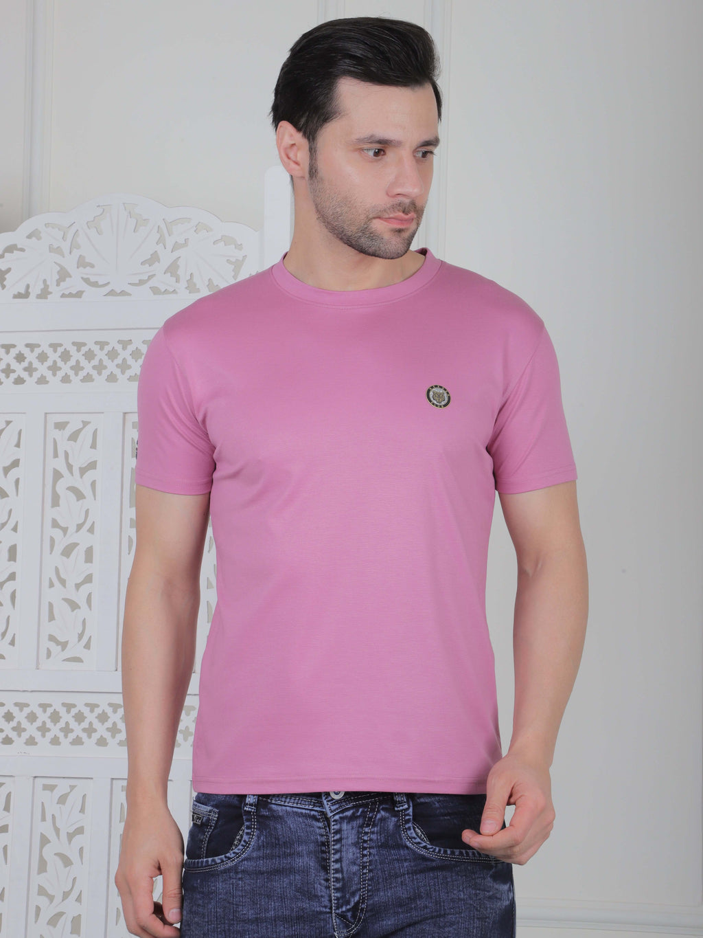 Men's casual logo T-shirt in pink, perfect for daily wear and stylish comfort with a clean design.