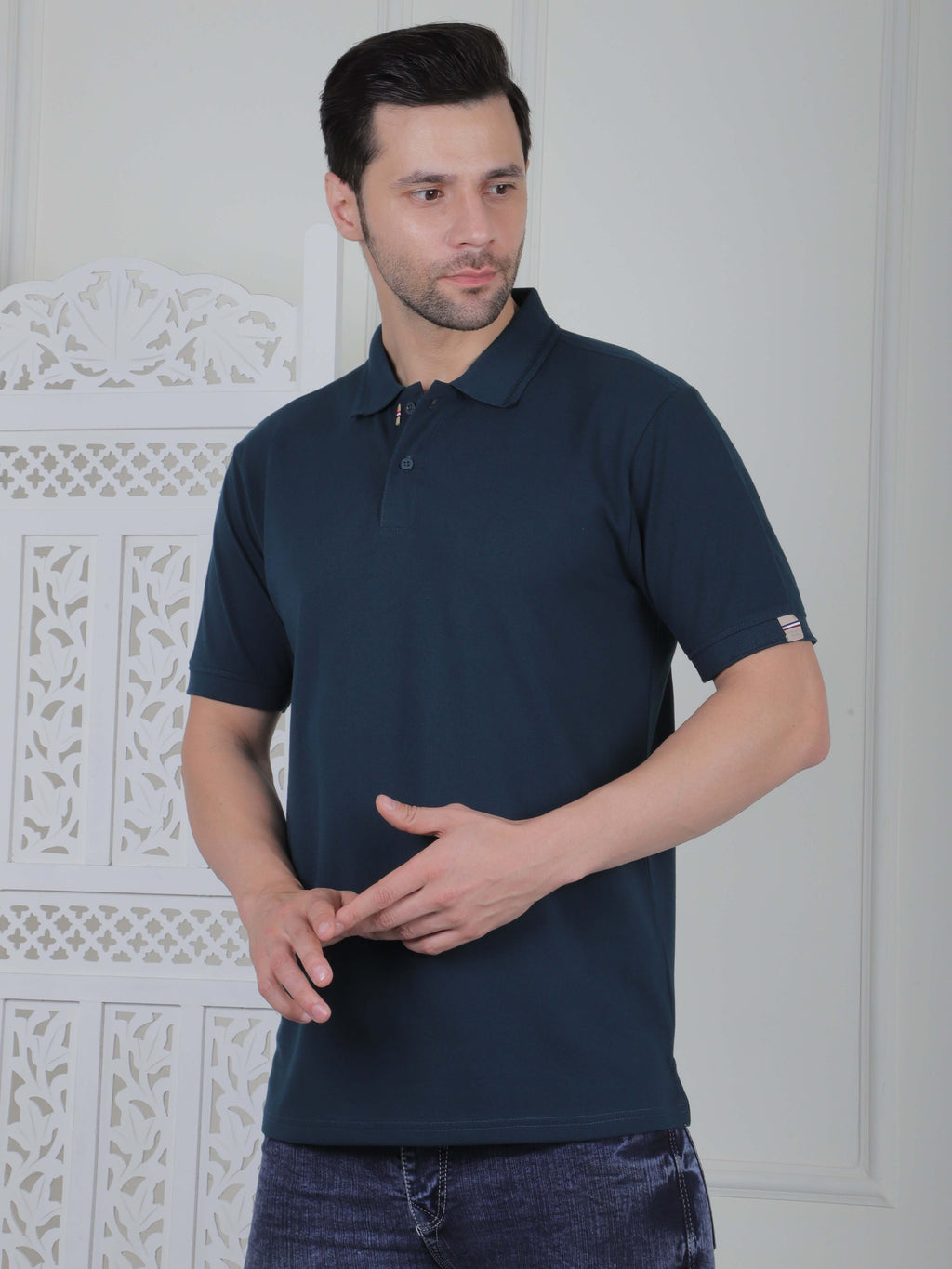 Men's polo T-shirt in navy with soft cotton, perfect for casual and smart casual outfits, offering comfort and style.