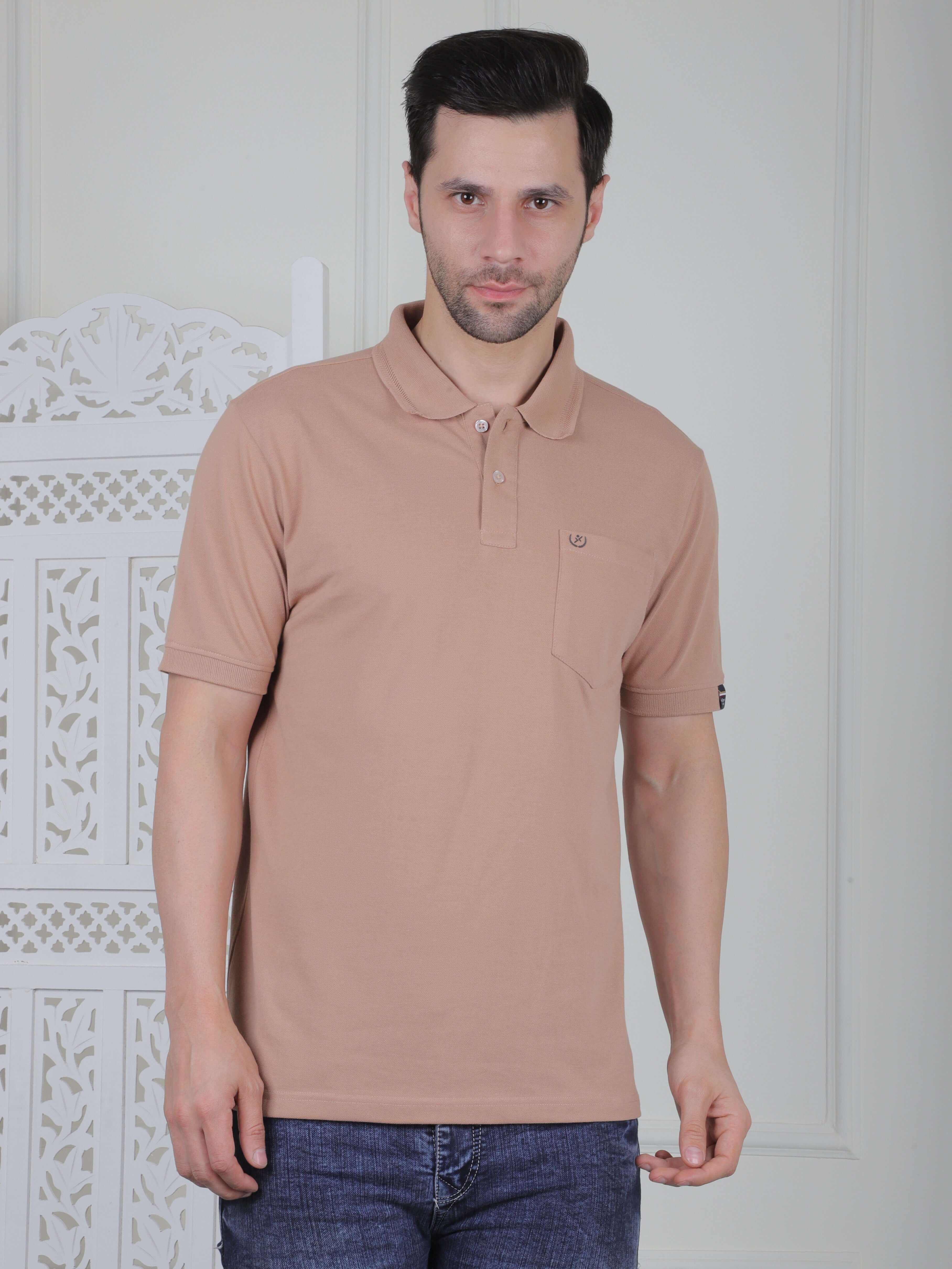 A beige polo shirt with pockets