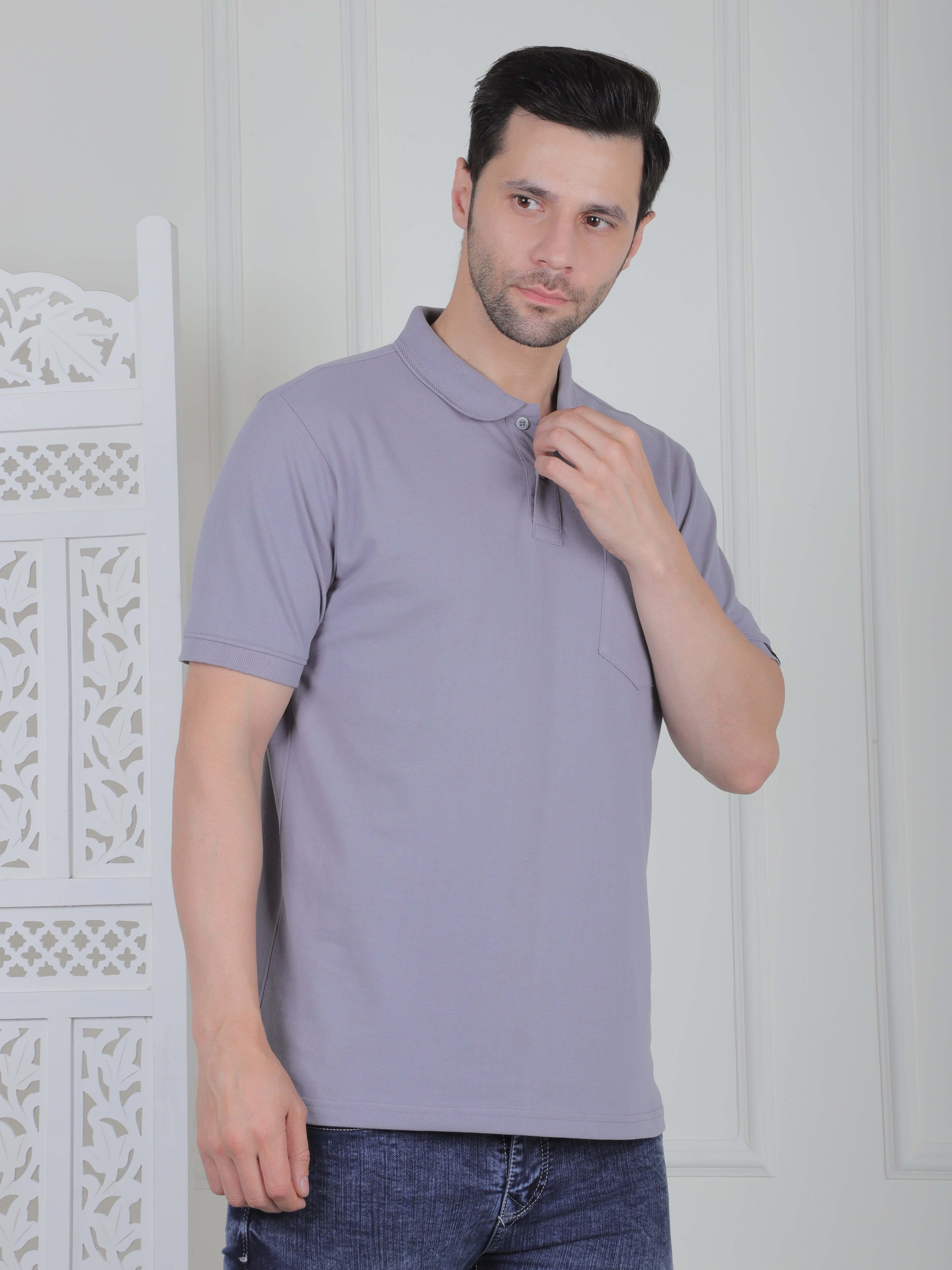 Men's slim fit polo t-shirt in grey, featuring a collared neckline and button placket, perfect for casual and smart wear.