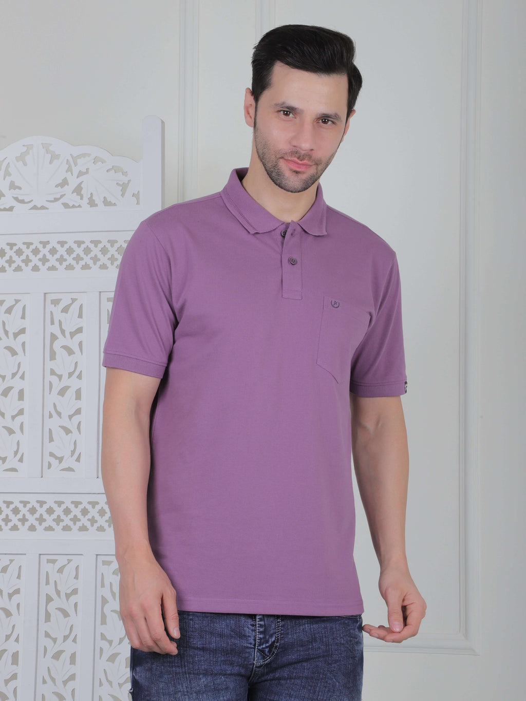Men’s polo T-shirt in soft cotton with chest embroidery, perfect for casual and smart casual wear. Affordable fashion for everyday.