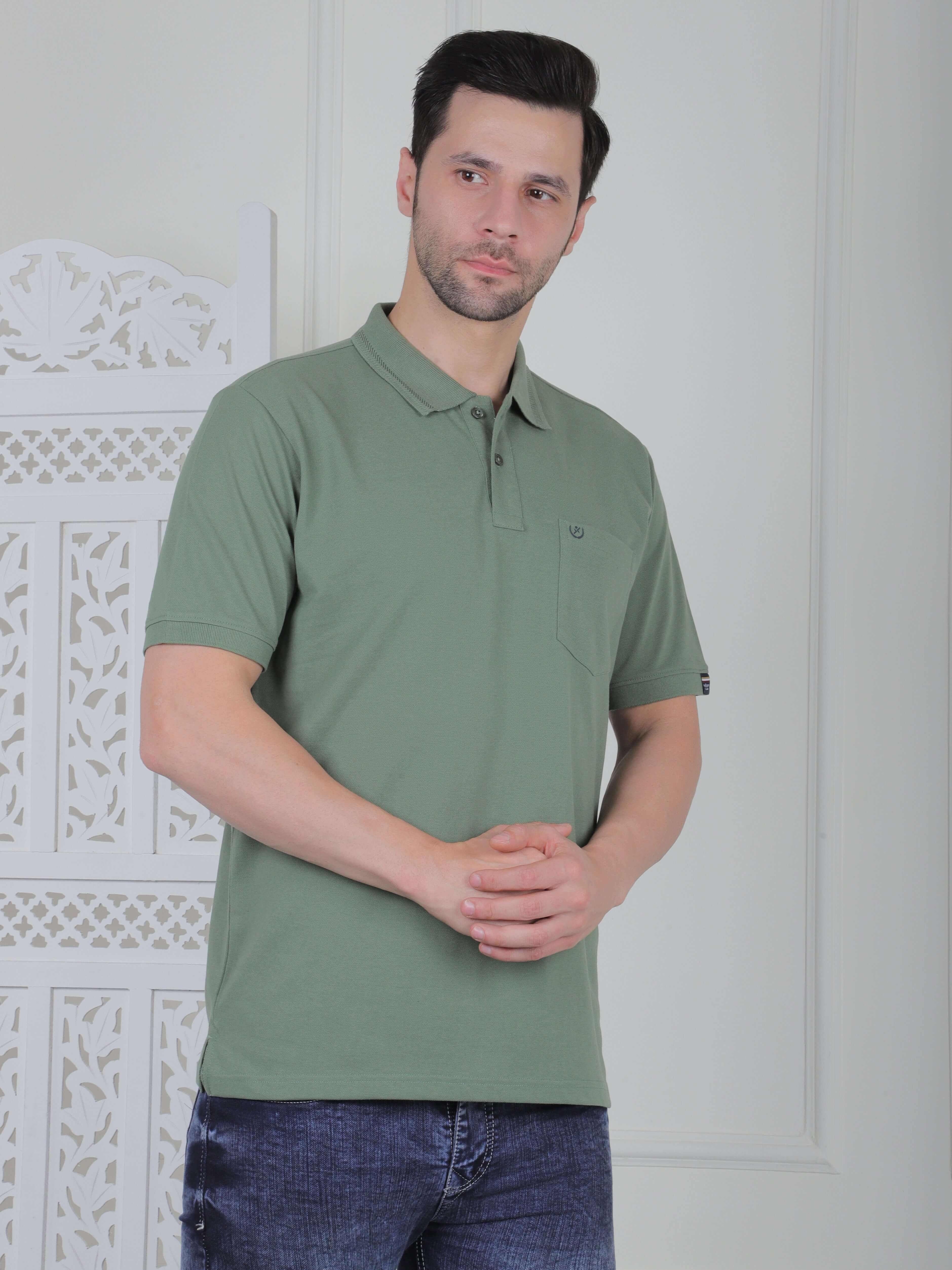 Men’s polo T-shirt in olive green with chest pocket, perfect for casual or smart casual wear.