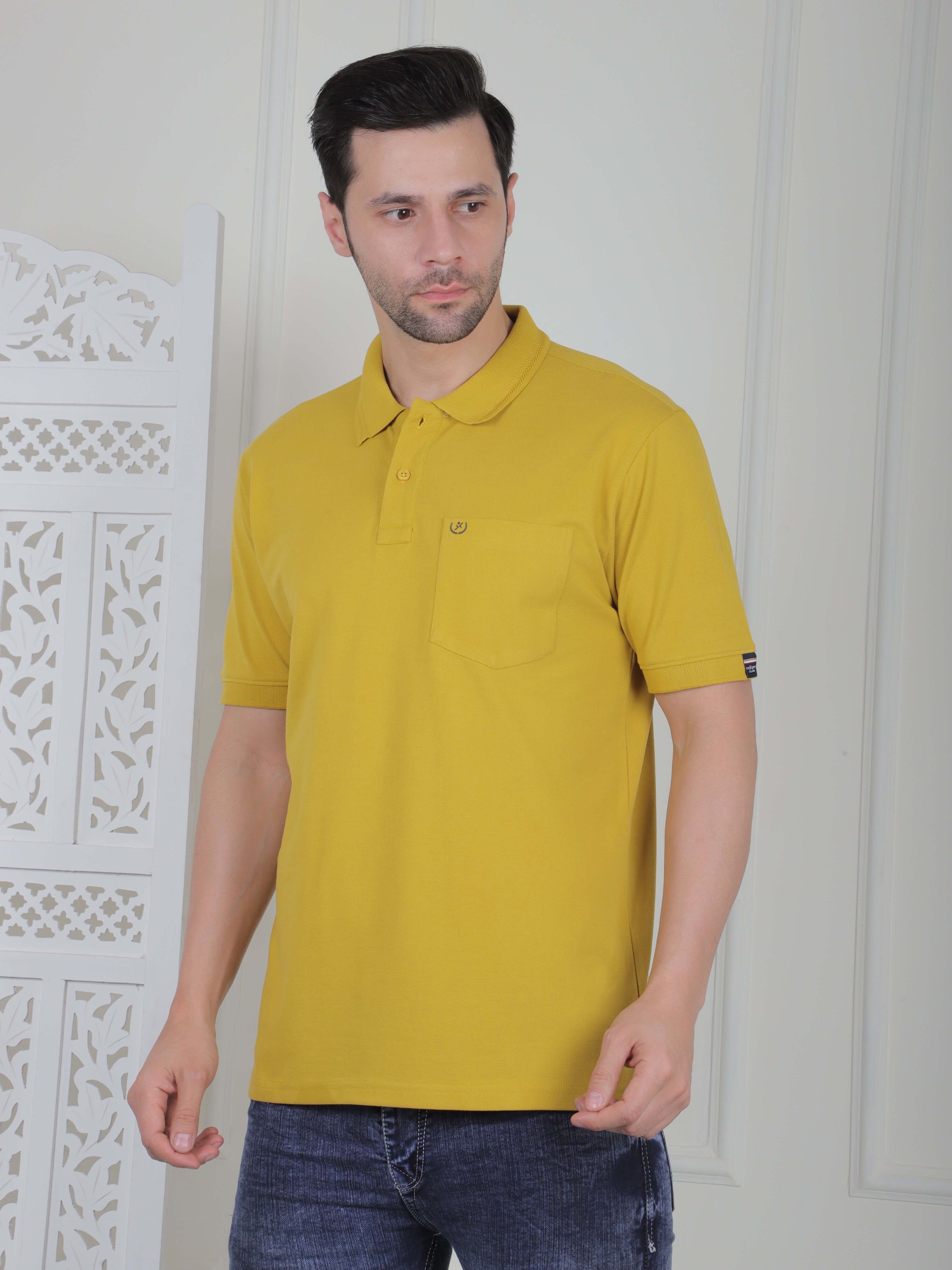 Men’s polo T-shirt in yellow with chest embroidery, perfect for smart casual and everyday wear.