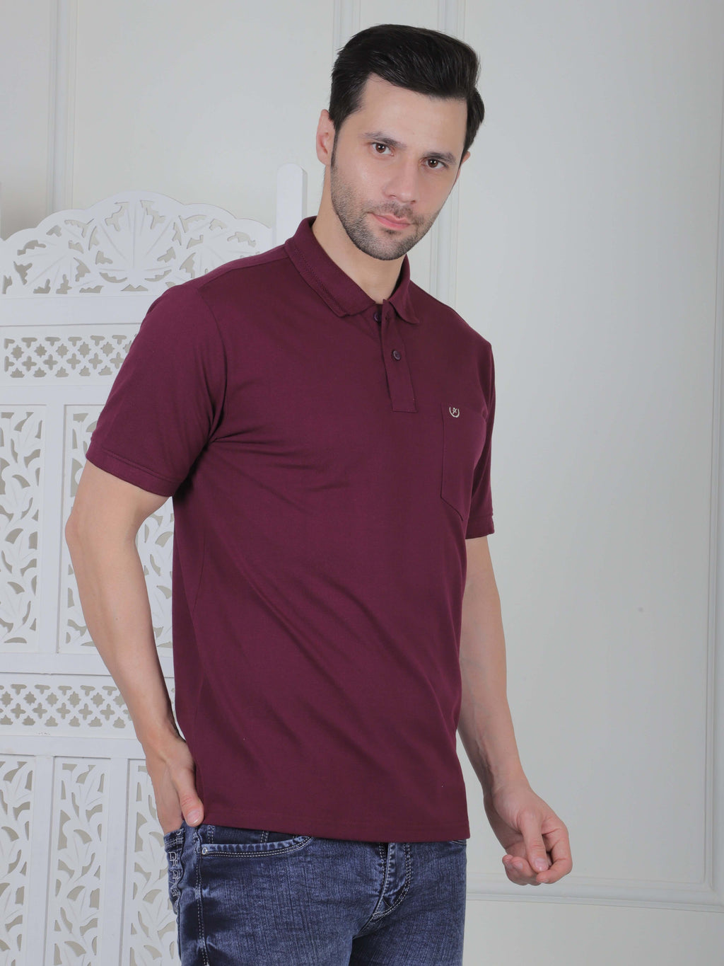 Men’s polo T-shirt in maroon with chest embroidery, ideal for casual and smart outfits, made from soft, durable cotton.