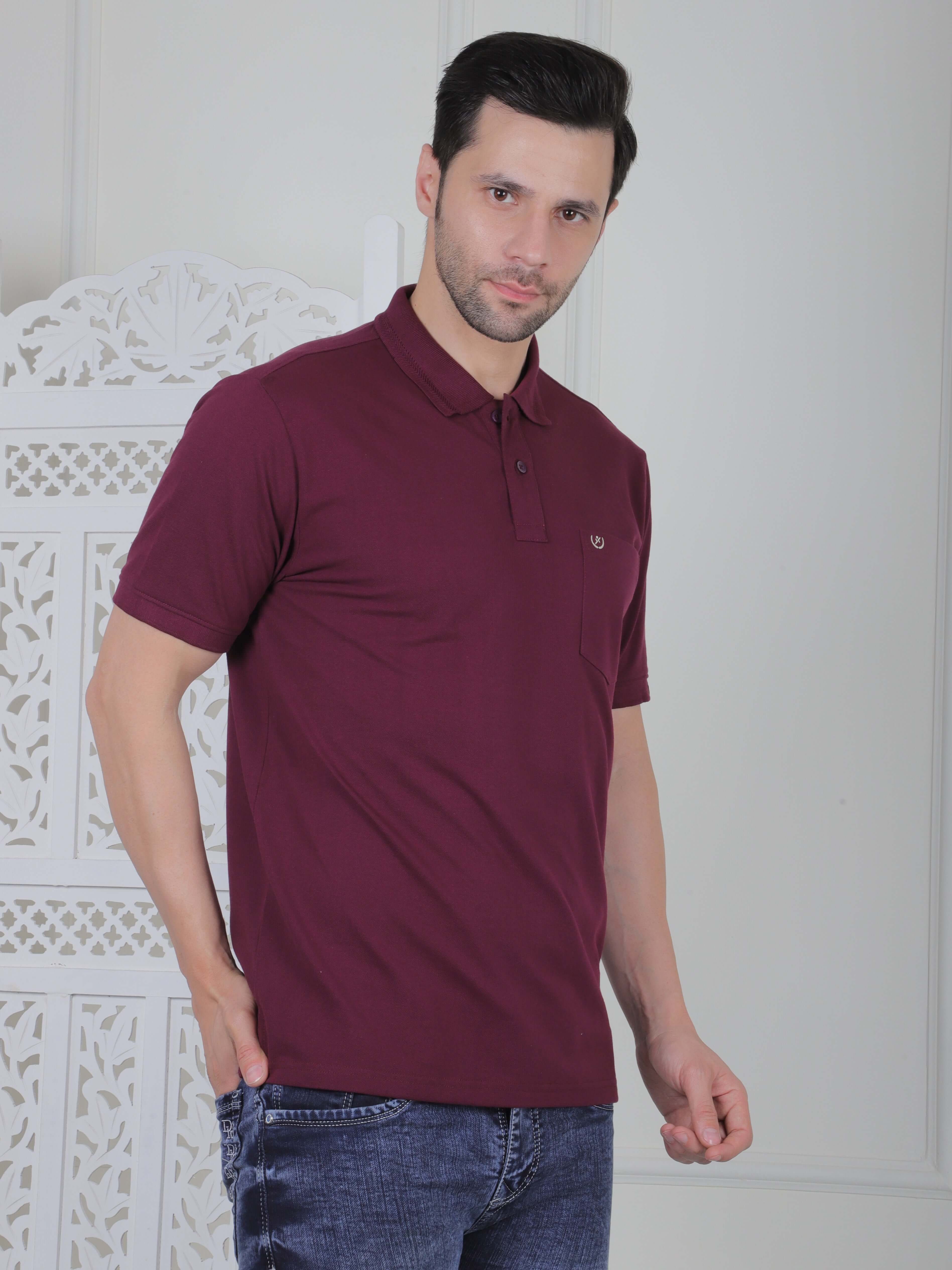 Men’s polo T-shirt in maroon with chest embroidery, ideal for casual and smart outfits, made from soft, durable cotton.