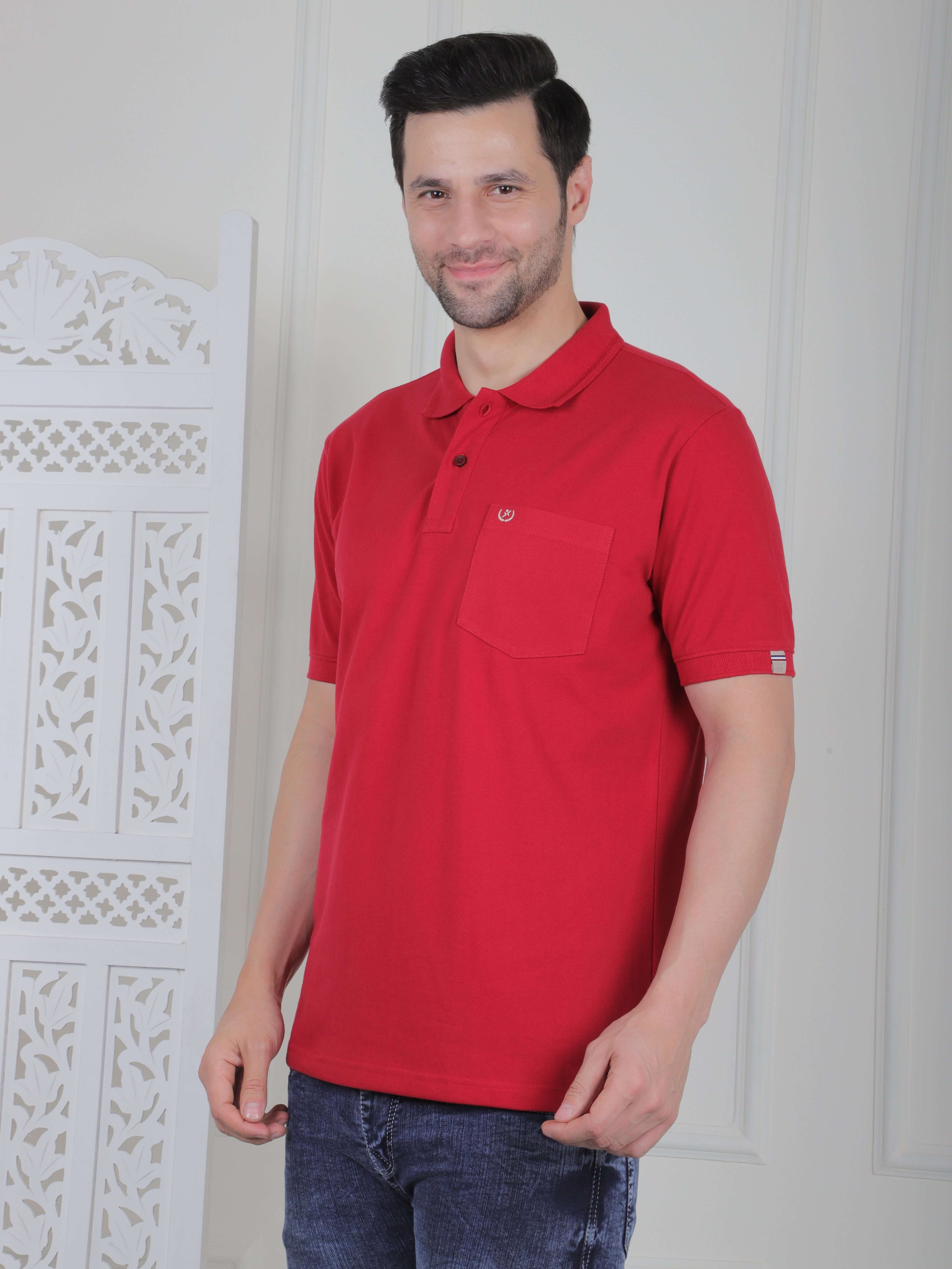 A red polo shirt with pockets