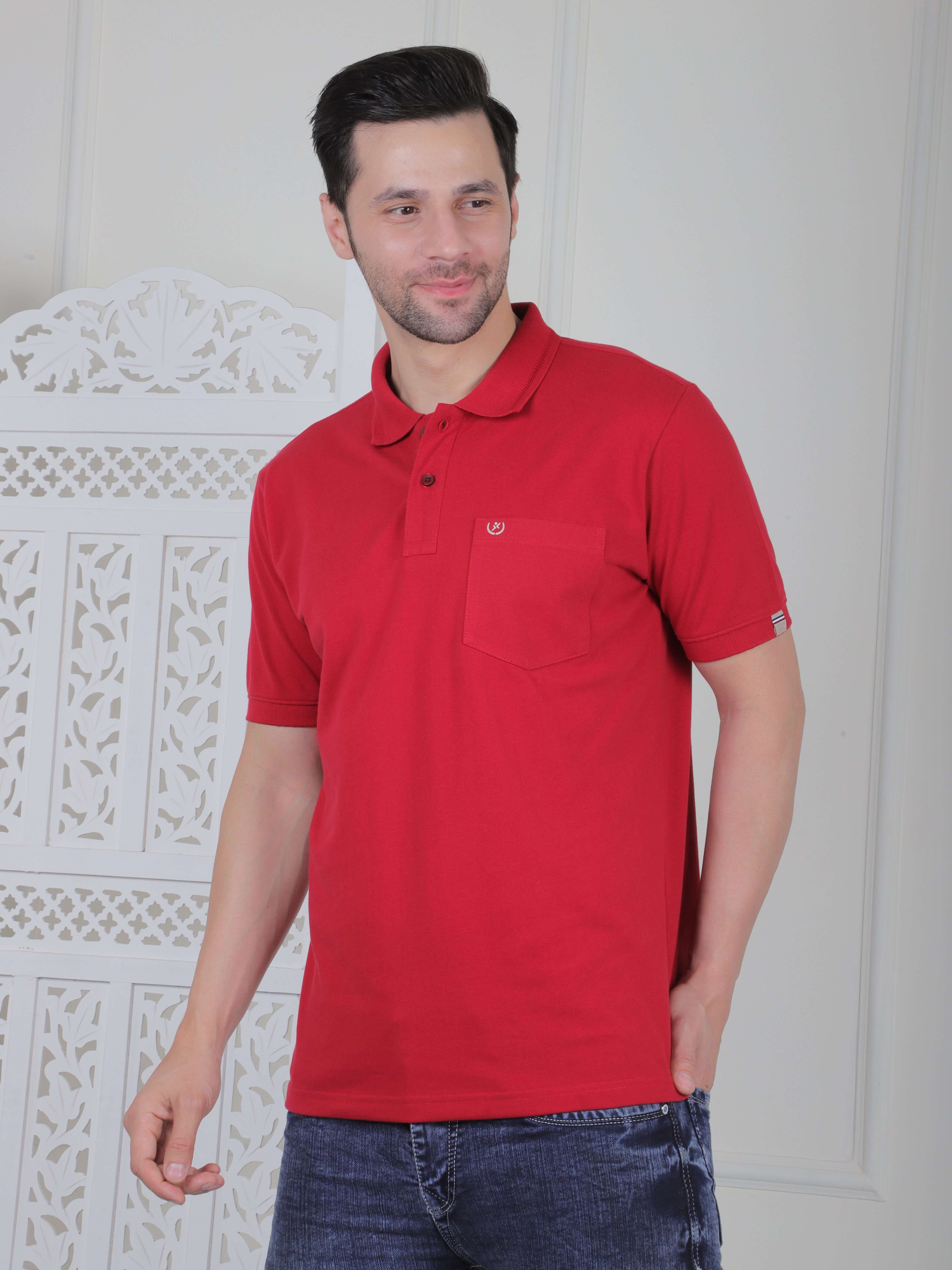 Men's red polo T-shirt with chest embroidery, perfect for casual and smart casual wear in a comfortable fit.