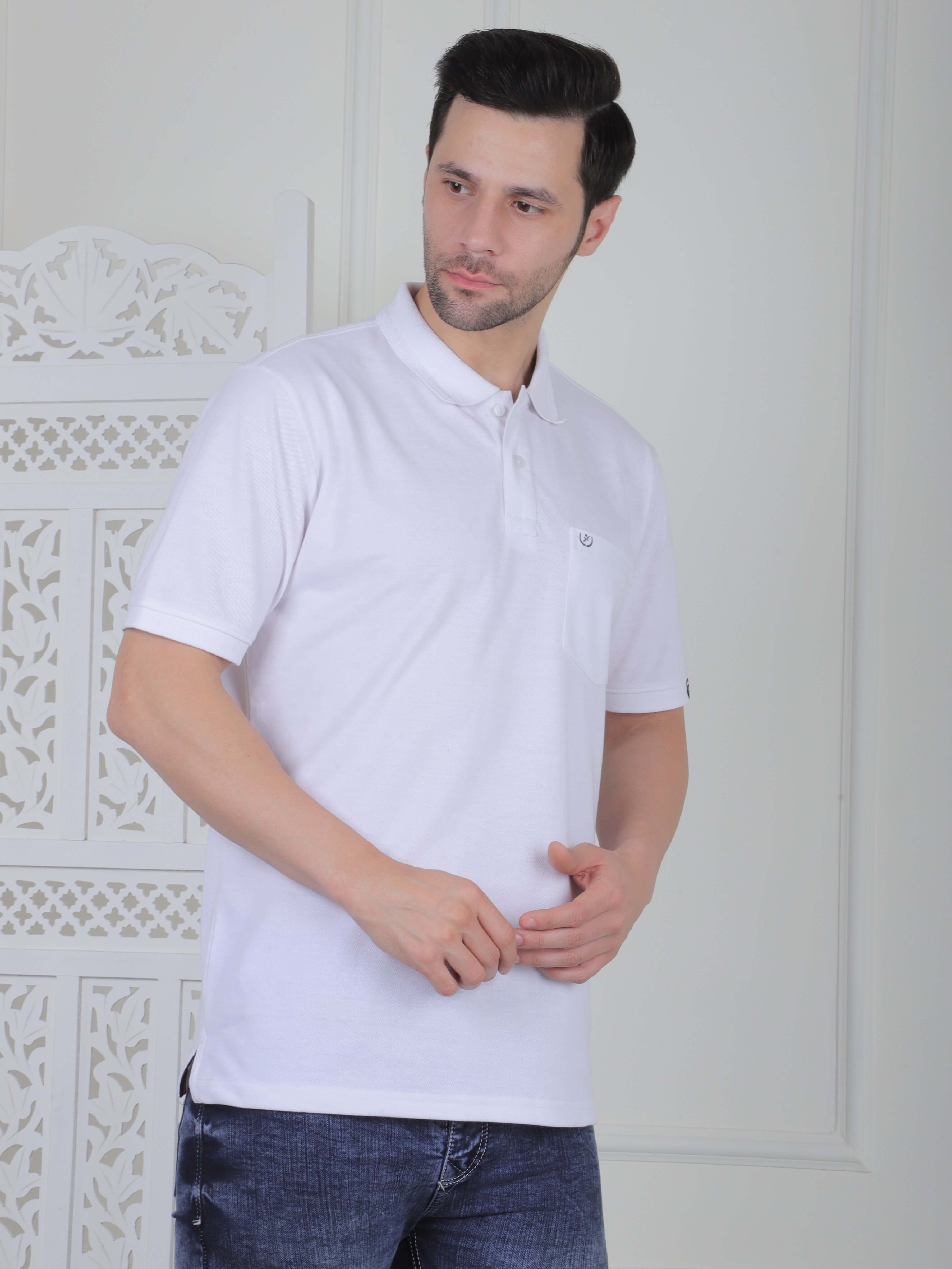 Men’s polo T-shirt in white with chest embroidery, perfect for casual and smart casual wear.