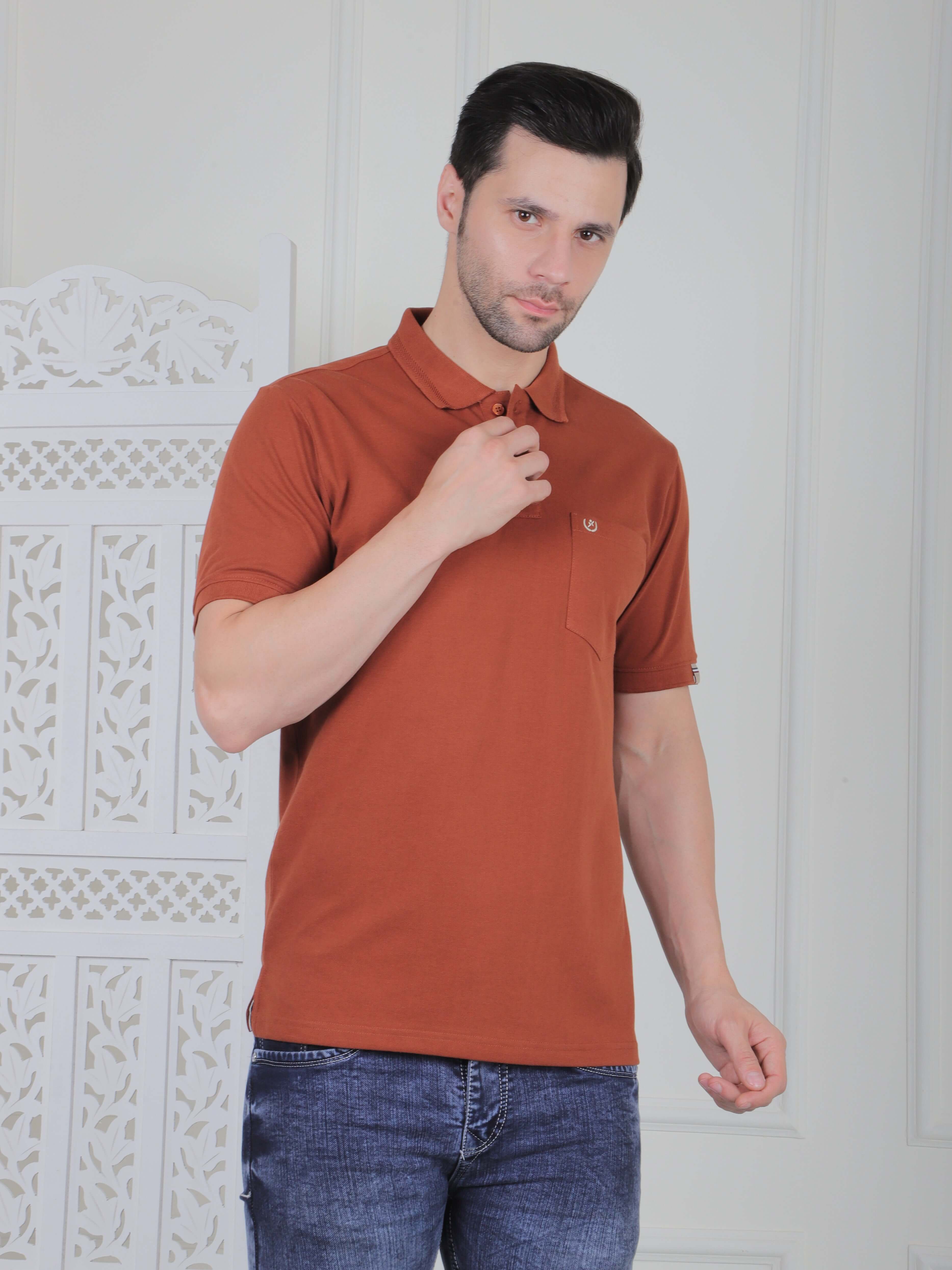 A rust brown polo shirt with pockets