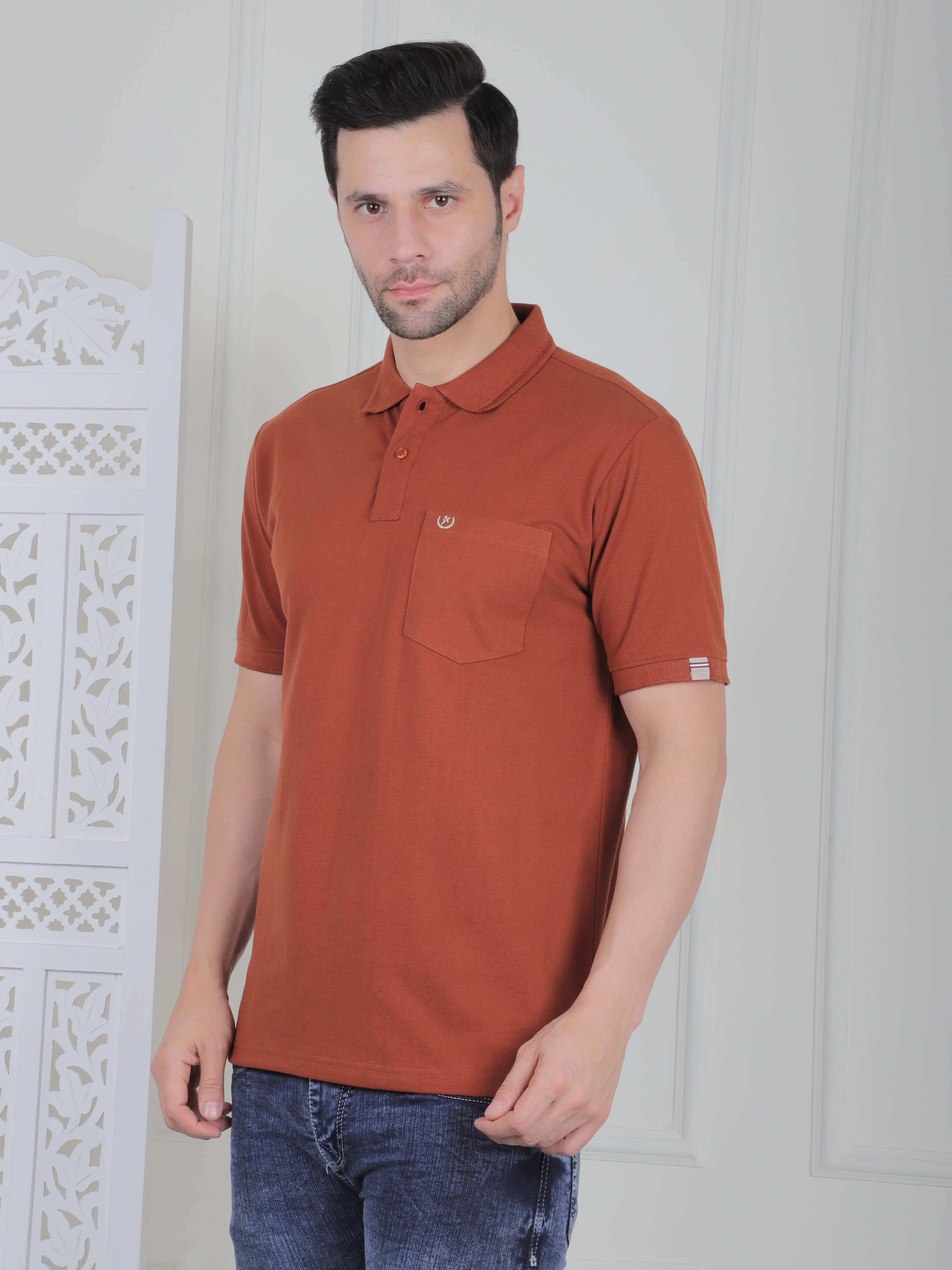 A rust brown polo shirt with pockets